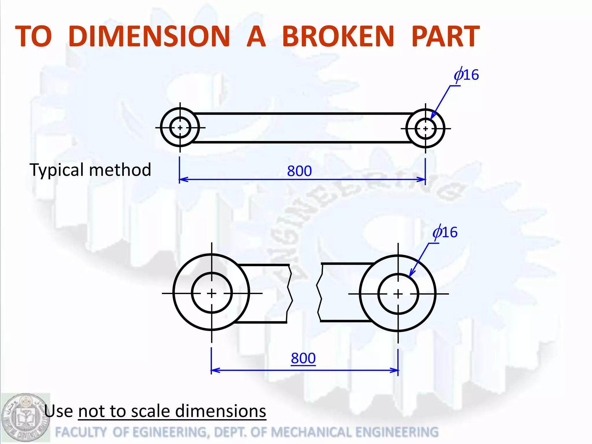 TO DIMENSION A BROKEN PART
                                       f16



Typical method                 800


                                     f16




                               800


 Use not to scale dimensions
 