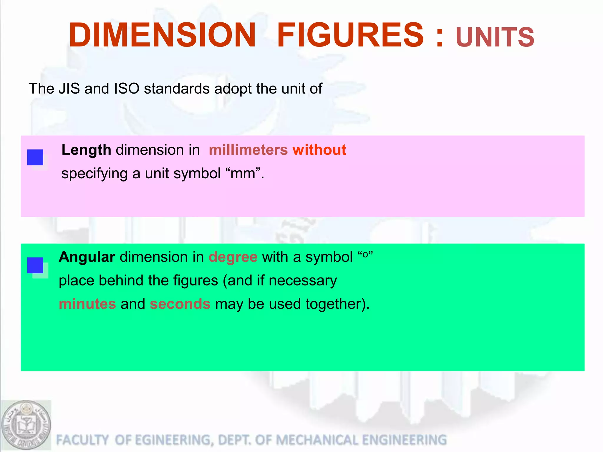 DIMENSION FIGURES : UNITS
The JIS and ISO standards adopt the unit of



    Length dimension in millimeters without
    specifying a unit symbol “mm”.




    Angular dimension in degree with a symbol “o”
    place behind the figures (and if necessary
    minutes and seconds may be used together).
 