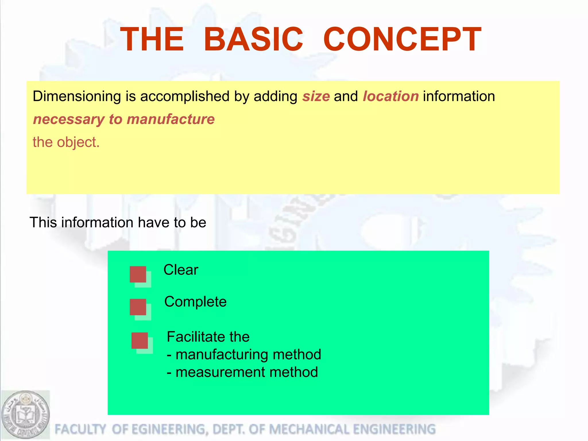 THE BASIC CONCEPT
Dimensioning is accomplished by adding size and location information
necessary to manufacture
the object.




This information have to be


                    Clear

                    Complete

                    Facilitate the
                    - manufacturing method
                    - measurement method
 