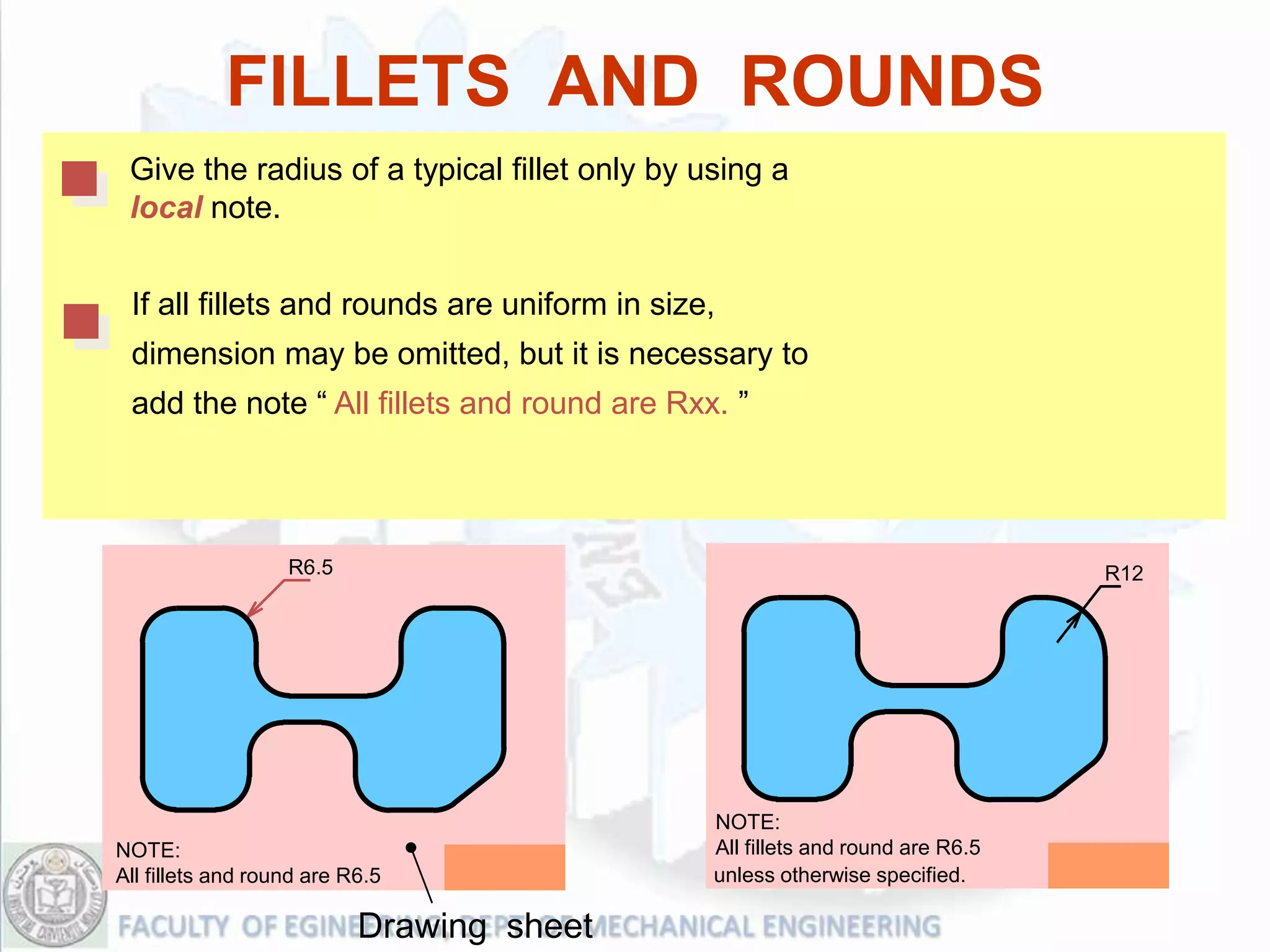 FILLETS AND ROUNDS
 Give the radius of a typical fillet only by using a
 local note.


 If all fillets and rounds are uniform in size,
 dimension may be omitted, but it is necessary to
 add the note “ All fillets and round are Rxx. ”




                   R6.5                                                        R12




                                              NOTE:
NOTE:                                         All fillets and round are R6.5
All fillets and round are R6.5                unless otherwise specified.

                           Drawing sheet
 