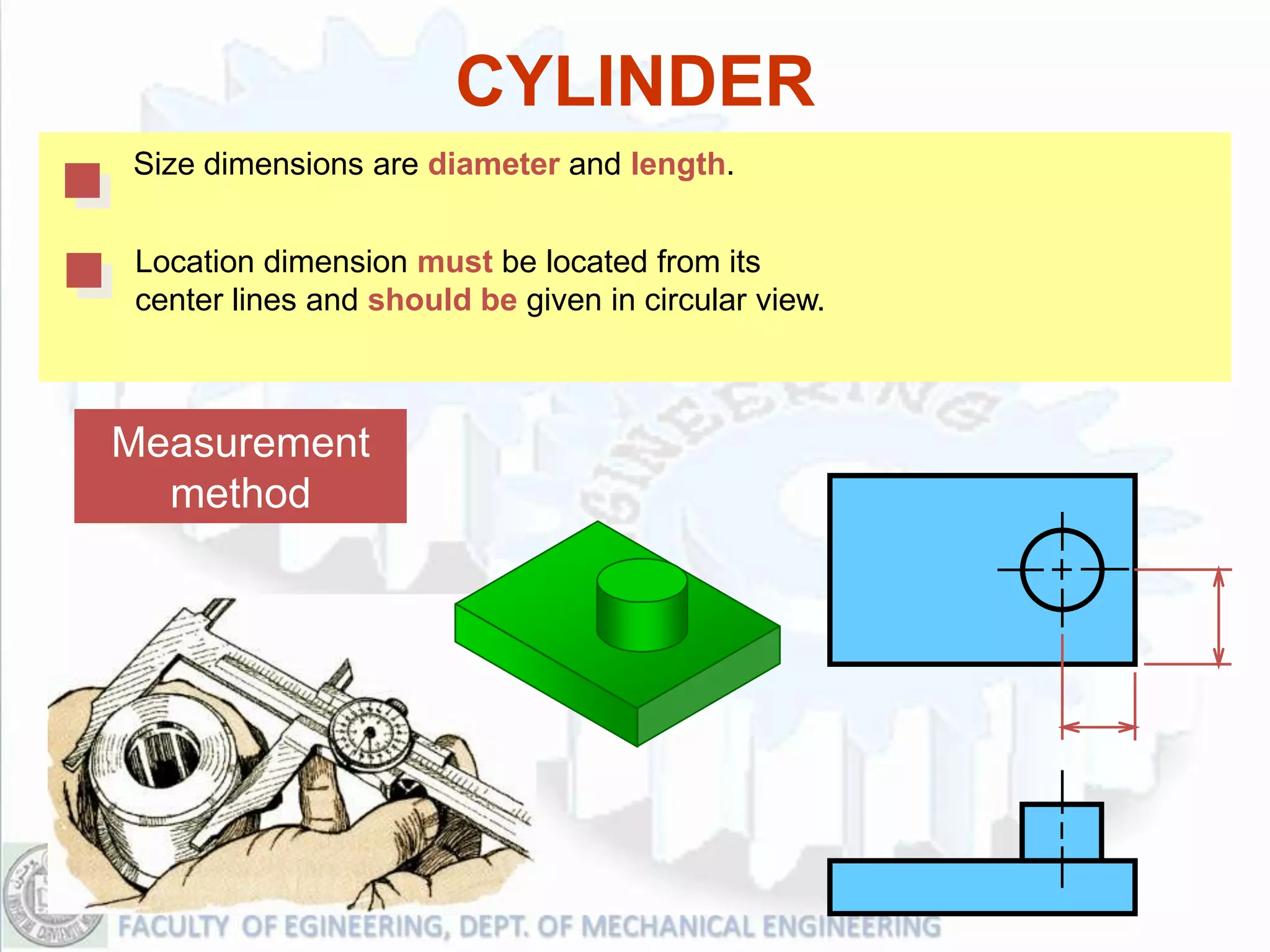 CYLINDER
Size dimensions are diameter and length.


 Location dimension must be located from its
 center lines and should be given in circular view.



Measurement
  method
 