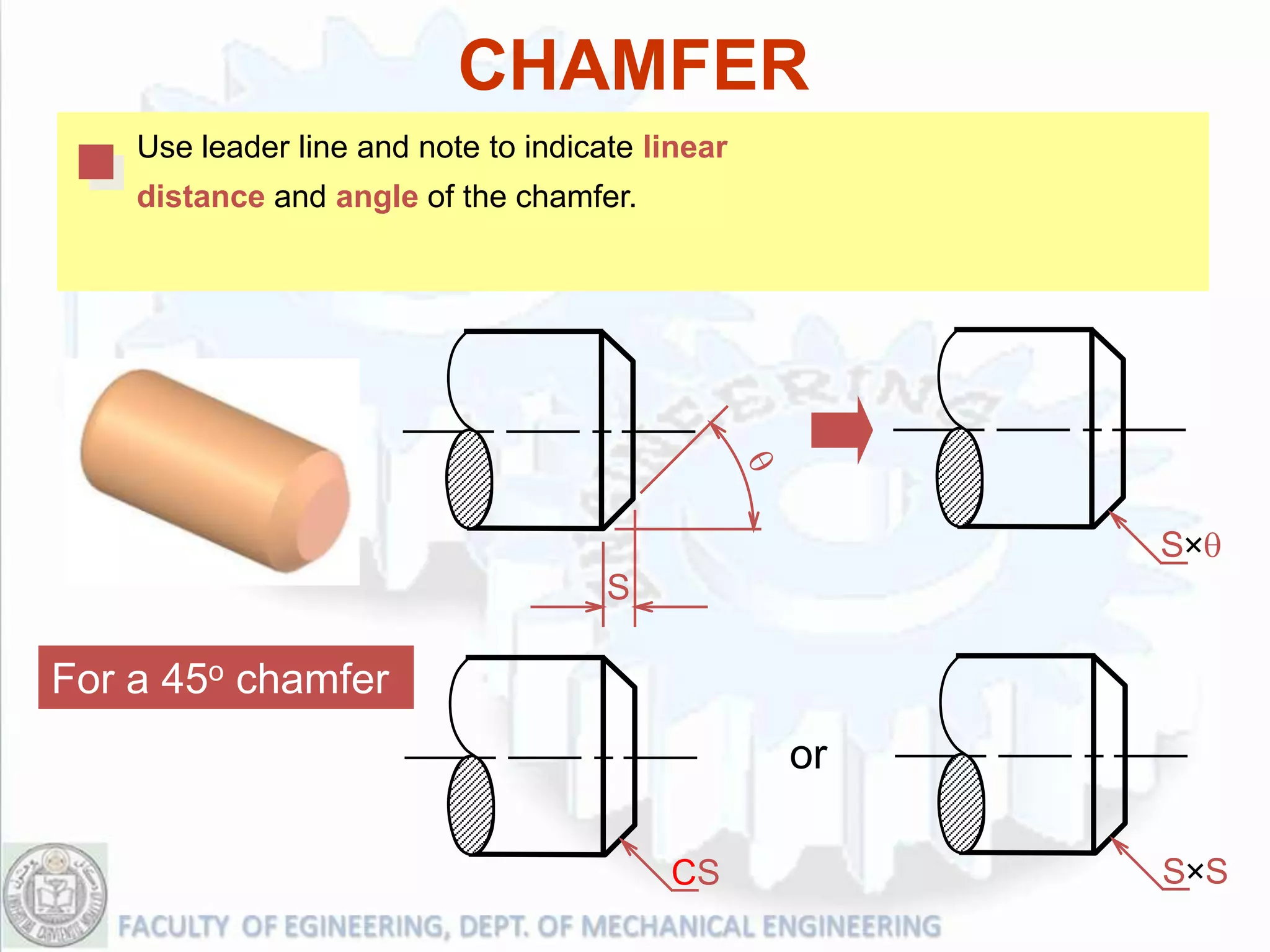 CHAMFER
    Use leader line and note to indicate linear
    distance and angle of the chamfer.




                                                       S q
                                      S

For a 45o chamfer
                                                  or

                                          CS           S S
 