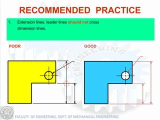 RECOMMENDED PRACTICE
1.   Extension lines, leader lines should not cross
     dimension lines.



POOR                                      GOOD
 