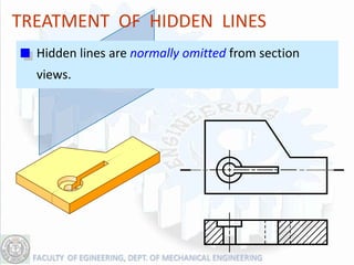 TREATMENT OF HIDDEN LINES
  Hidden lines are normally omitted from section
  views.
 