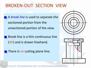 BROKEN-OUT SECTION VIEW

A break line is used to separate the
sectioned portion from the
unsectioned portion of the view.

Break line is a thin continuous line
(4H) and is drawn freehand.

 There is no cutting plane line.
 