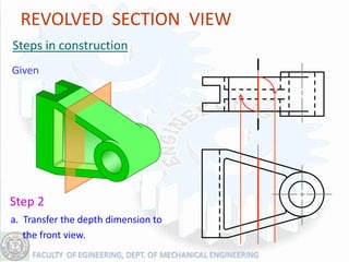 REVOLVED SECTION VIEW
Steps in construction
Given




Step 2
a. Transfer the depth dimension to
   the front view.
 