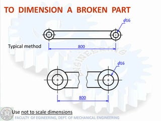 TO DIMENSION A BROKEN PART
                                       f16



Typical method                 800


                                     f16




                               800


 Use not to scale dimensions
 