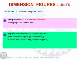 DIMENSION FIGURES : UNITS
The JIS and ISO standards adopt the unit of



    Length dimension in millimeters without
    specifying a unit symbol “mm”.




    Angular dimension in degree with a symbol “o”
    place behind the figures (and if necessary
    minutes and seconds may be used together).
 