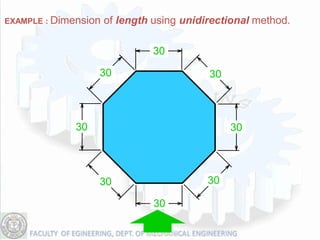 EXAMPLE : Dimension   of length using unidirectional method.

                                30

                   30                      30



              30                                30




                   30                      30

                                30
 