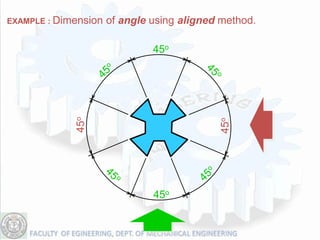 EXAMPLE : Dimension   of angle using aligned method.

                               45o

             45o




                                            45o
                               45o
 