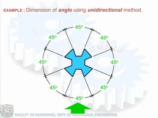 EXAMPLE : Dimension   of angle using unidirectional method.


                               45o
                    45o                  45o



              45o                              45o



                    45o                  45o

                               45o
 