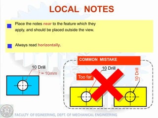 LOCAL NOTES
Place the notes near to the feature which they
apply, and should be placed outside the view.


Always read horizontally.


                                    COMMON MISTAKE
         10 Drill                                10 Drill




                                                            10 Drill
             ≈ 10mm
                                   Too far
 