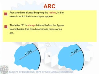 ARC
Arcs are dimensioned by giving the radius, in the
views in which their true shapes appear.


The letter “R” is always lettered before the figures
to emphasize that this dimension is radius of an
arc.




                                    or
 
