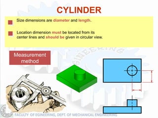 CYLINDER
Size dimensions are diameter and length.


 Location dimension must be located from its
 center lines and should be given in circular view.



Measurement
  method
 