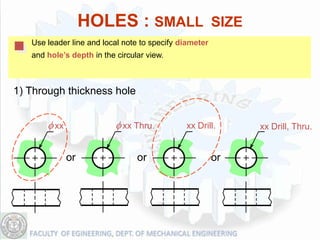 HOLES : SMALL SIZE
   Use leader line and local note to specify diameter
   and hole’s depth in the circular view.



1) Through thickness hole


       f xx                f xx Thru.         xx Drill.      xx Drill, Thru.


              or                 or                     or
 