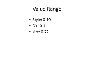 Value Range
• Style: 0-10
• Dir: 0-1
• size: 0-72
 