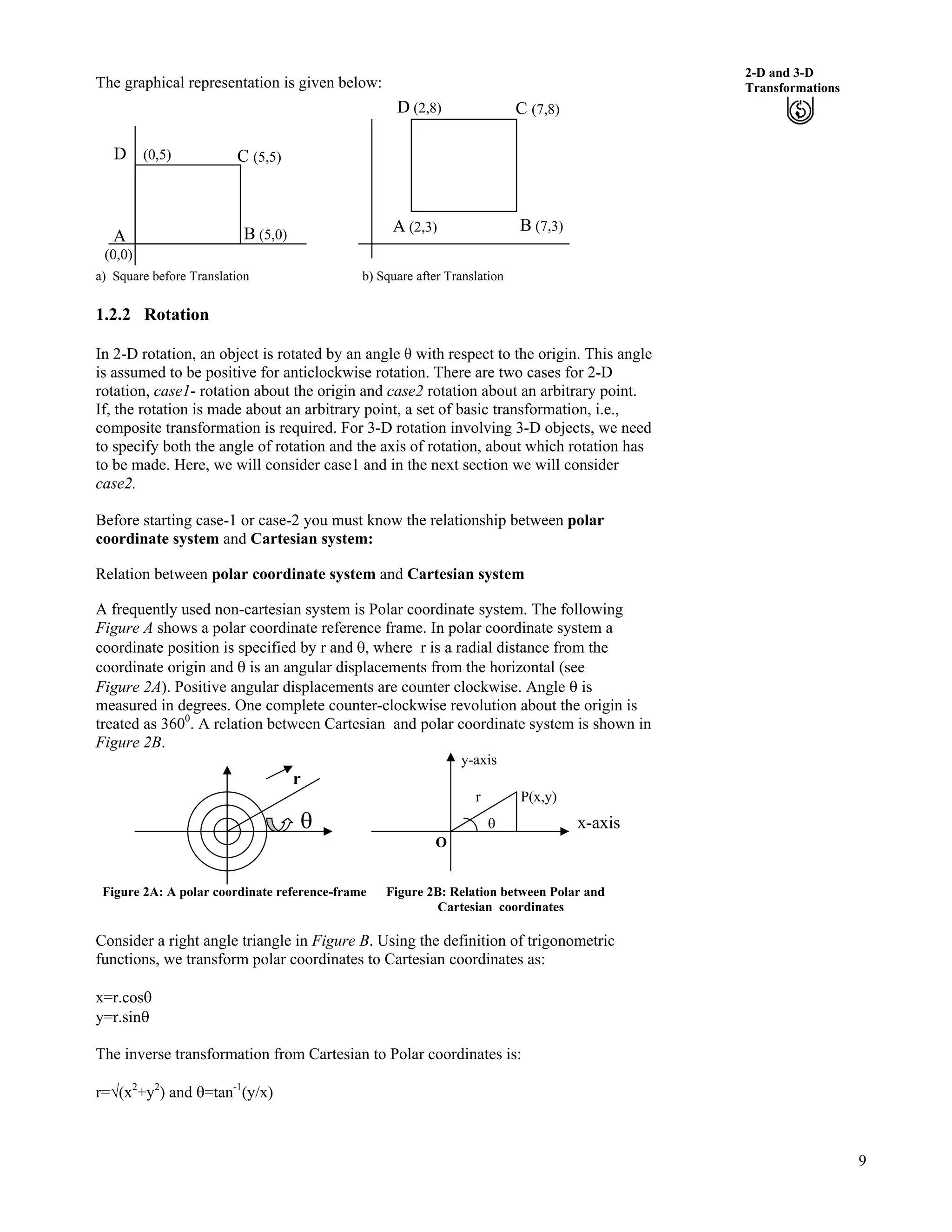 9
2-D and 3-D
Transformations
B (5,0)A
(0,0)
D (0,5) C (5,5)
B (7,3)A (2,3)
The graphical representation is given below:
D (2,8) C (7,8)
a) Square before Translation b) Square after Translation
1.2.2 Rotation
In 2-D rotation, an object is rotated by an angle with respect to the origin. This angle
is assumed to be positive for anticlockwise rotation. There are two cases for 2-D
rotation, case1- rotation about the origin and case2 rotation about an arbitrary point.
If, the rotation is made about an arbitrary point, a set of basic transformation, i.e.,
composite transformation is required. For 3-D rotation involving 3-D objects, we need
to specify both the angle of rotation and the axis of rotation, about which rotation has
to be made. Here, we will consider case1 and in the next section we will consider
case2.
Before starting case-1 or case-2 you must know the relationship between polar
coordinate system and Cartesian system:
Relation between polar coordinate system and Cartesian system
A frequently used non-cartesian system is Polar coordinate system. The following
Figure A shows a polar coordinate reference frame. In polar coordinate system a
coordinate position is specified by r and s, where r is a radial distance from the
coordinate origin and s is an angular displacements from the horizontal (see
Figure 2A). Positive angular displacements are counter clockwise. Angle s is
measured in degrees. One complete counter-clockwise revolution about the origin is
treated as 3600
. A relation between Cartesian and polar coordinate system is shown in
Figure 2B.
y-axis
r
r P(x,y)
s s x-axis
O
Figure 2A: A polar coordinate reference-frame Figure 2B: Relation between Polar and
Cartesian coordinates
Consider a right angle triangle in Figure B. Using the definition of trigonometric
functions, we transform polar coordinates to Cartesian coordinates as:
x=r.coss
y=r.sins
The inverse transformation from Cartesian to Polar coordinates is:
r=Á(x2
+y2
) and s=tan-1
(y/x)
 