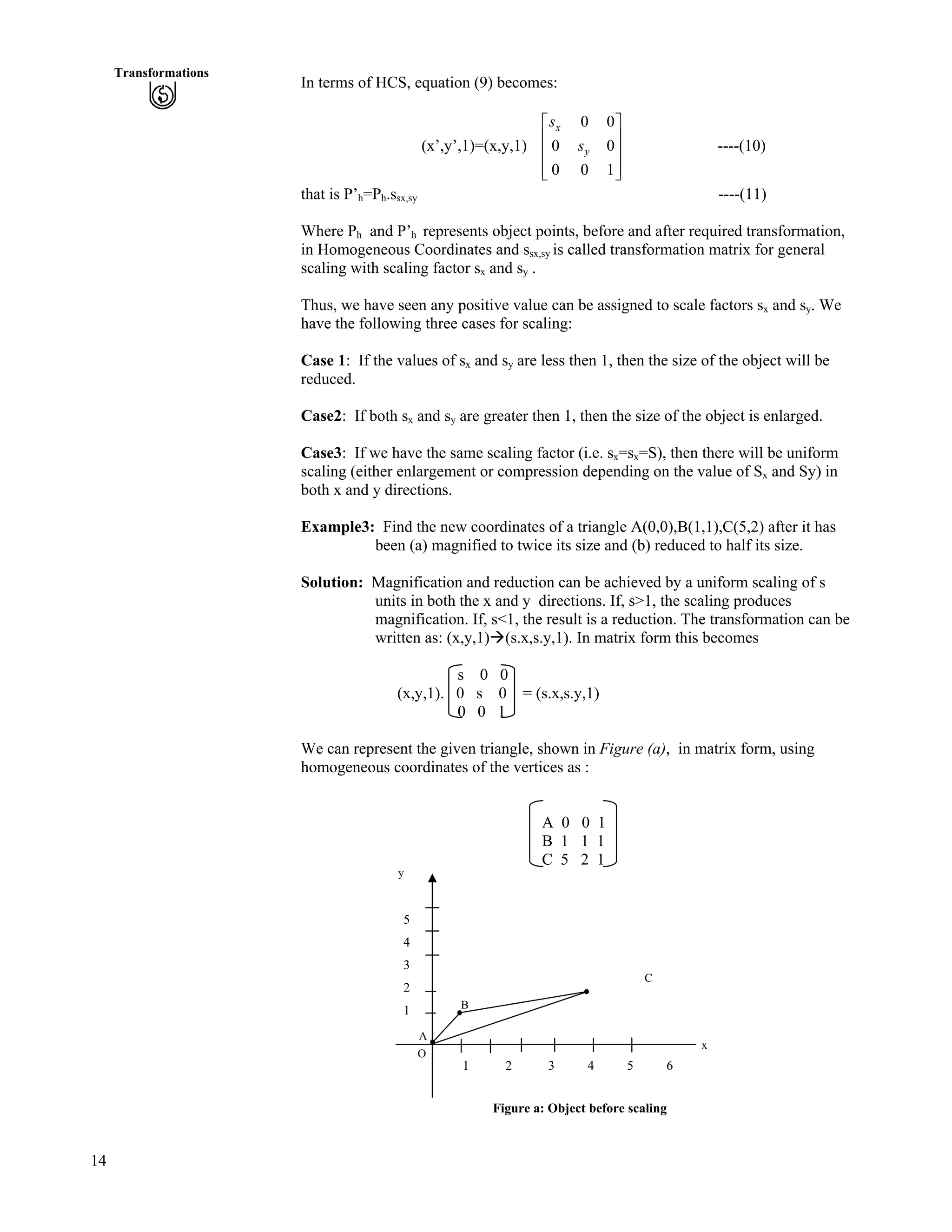 14
Transformations
0
In terms of HCS, equation (9) becomes:
(x’,y’,1)=(x,y,1)
0 0
0
0 0 1
x
y
s
s
Ç
È Ù
È Ù
È ÙÉ Ú
----(10)
that is P’h=Ph.ssx,sy ----(11)
Where Ph and P’h represents object points, before and after required transformation,
in Homogeneous Coordinates and ssx,sy is called transformation matrix for general
scaling with scaling factor sx and sy .
Thus, we have seen any positive value can be assigned to scale factors sx and sy. We
have the following three cases for scaling:
Case 1: If the values of sx and sy are less then 1, then the size of the object will be
reduced.
Case2: If both sx and sy are greater then 1, then the size of the object is enlarged.
Case3: If we have the same scaling factor (i.e. sx=sx=S), then there will be uniform
scaling (either enlargement or compression depending on the value of Sx and Sy) in
both x and y directions.
Example3: Find the new coordinates of a triangle A(0,0),B(1,1),C(5,2) after it has
been (a) magnified to twice its size and (b) reduced to half its size.
Solution: Magnification and reduction can be achieved by a uniform scaling of s
units in both the x and y directions. If, s>1, the scaling produces
magnification. If, s<1, the result is a reduction. The transformation can be
written as: (x,y,1)å(s.x,s.y,1). In matrix form this becomes
s 0 0
(x,y,1). 0 s 0 = (s.x,s.y,1)
0 0 1
We can represent the given triangle, shown in Figure (a), in matrix form, using
homogeneous coordinates of the vertices as :
A 0 0 1
B 1 1 1
C 5 2 1
5
4
3
2
1
1 2 3 4 5 6
B
O
C
A
y
x
Figure a: Object before scaling
 
