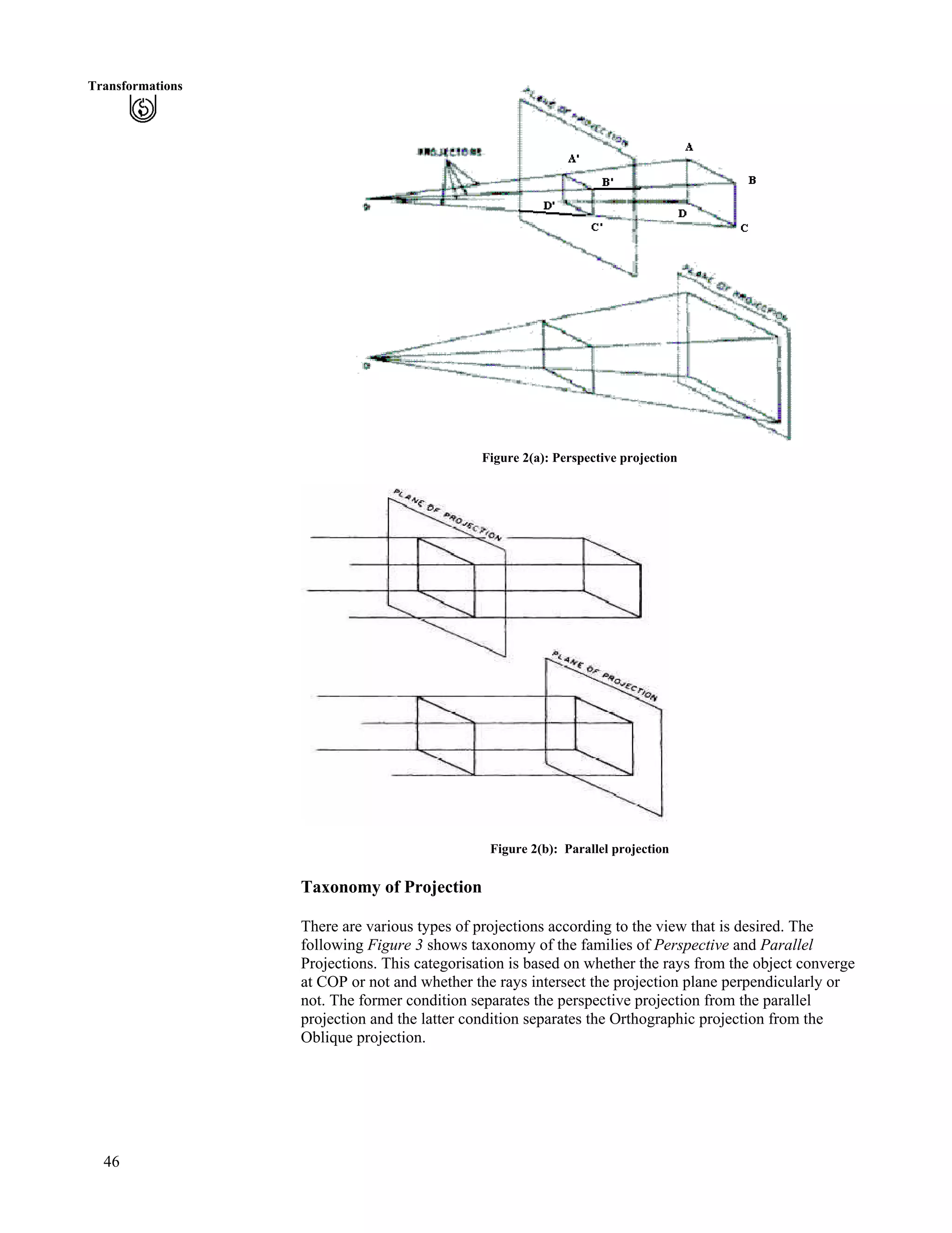 46
Transformations
Figure 2(a): Perspective projection
Figure 2(b): Parallel projection
Taxonomy of Projection
There are various types of projections according to the view that is desired. The
following Figure 3 shows taxonomy of the families of Perspective and Parallel
Projections. This categorisation is based on whether the rays from the object converge
at COP or not and whether the rays intersect the projection plane perpendicularly or
not. The former condition separates the perspective projection from the parallel
projection and the latter condition separates the Orthographic projection from the
Oblique projection.
 