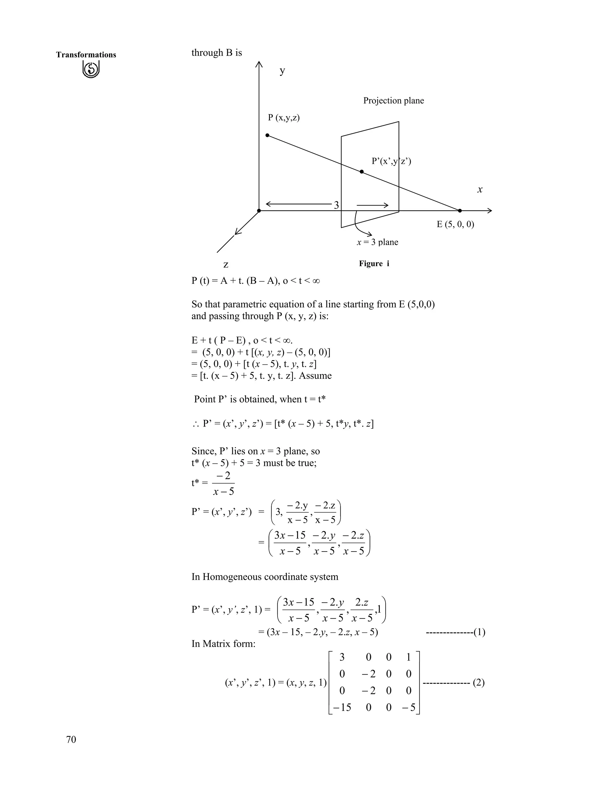 70
through B isTransformations
x
y
x = 3 plane
3
E (5, 0, 0)
P (x,y,z)
P’(x’,y’z’)
Projection plane
z Figure i
P (t) = A + t. (B – A), o < t < ¢
So that parametric equation of a line starting from E (5,0,0)
and passing through P (x, y, z) is:
E + t ( P – E) , o < t < ¢.
= (5, 0, 0) + t [(x, y, z) – (5, 0, 0)]
= (5, 0, 0) + [t (x – 5), t. y, t. z]
= [t. (x – 5) + 5, t. y, t. z]. Assume
Point P’ is obtained, when t = t*
^ P’ = (x’, y’, z’) = [t* (x – 5) + 5, t*y, t*. z]
Since, P’ lies on x = 3 plane, so
t* (x – 5) + 5 = 3 must be true;
t* =
5
2
/
/
x
P’ = (x’, y’, z’) = Õ
Ö
Ô
Ä
Å
Ã
/
/
/
/
5x
z.2
,
5x
y.2
,3
= Õ
Ö
Ô
Å /
/
/
/
/
/
5
.2
,
5
.2
,
5 x
z
x
y
x
x
Ä
Ã 153
In Homogeneous coordinate system
P’ = (x’, y’, z’, 1) = Õ
Ö
Ô
Å //
/
/
/
1,
5
.2
,
5
.2
,
5
153
x
z
x
y
x
x
Ä
Ã
= (3x – 15, – 2.y, – 2.z, x – 5) --------------(1)
In Matrix form:
(x’, y’, z’, 1) = (x, y, z, 1) -------------- (2)
Ù
Ù
Ù
Ù
Ú
È
È
È
È
É
Ç
//
/
/
50015
0020
0020
1003
 