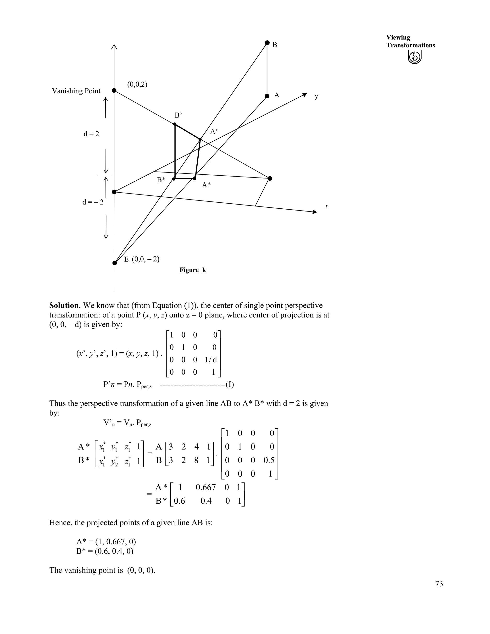 73
Viewing
Transformations
Figure k
y
B
A
Vanishing Point
(0,0,2)
B’
A’
B*
A*
E
d = 2
d = – 2
(0,0, – 2)
x
Solution. We know that (from Equation (1)), the center of single point perspective
transformation: of a point P (x, y, z) onto z = 0 plane, where center of projection is at
(0, 0, – d) is given by:
(x’, y’, z’, 1) = (x, y, z, 1) .
Ù
Ù
Ù
Ù
Ú
È
È
È
È
É
Ç
1000
d/1000
0010
0001
P’n = Pn. Pper,z ------------------------(I)
Thus the perspective transformation of a given line AB to A* B* with d = 2 is given
by:
V’n = Vn. Pper,z
*B
*A
= .
Ù
Ù
ÚÈ
È
É
Ç
1
1
*
1
*
2
*
1
*
1
*
1
*
1
zyx
zyx
B
A
Ù
Ú
È
É
Ç
1823
1423
Ù
Ù
Ù
Ù
Ú
È
È
È
È
É
Ç
1000
5.0000
0010
0001
=
*B
*A
Ù
Ú
È
É
Ç
104.06.0
10667.01
Hence, the projected points of a given line AB is:
A* = (1, 0.667, 0)
B* = (0.6, 0.4, 0)
The vanishing point is (0, 0, 0).
 