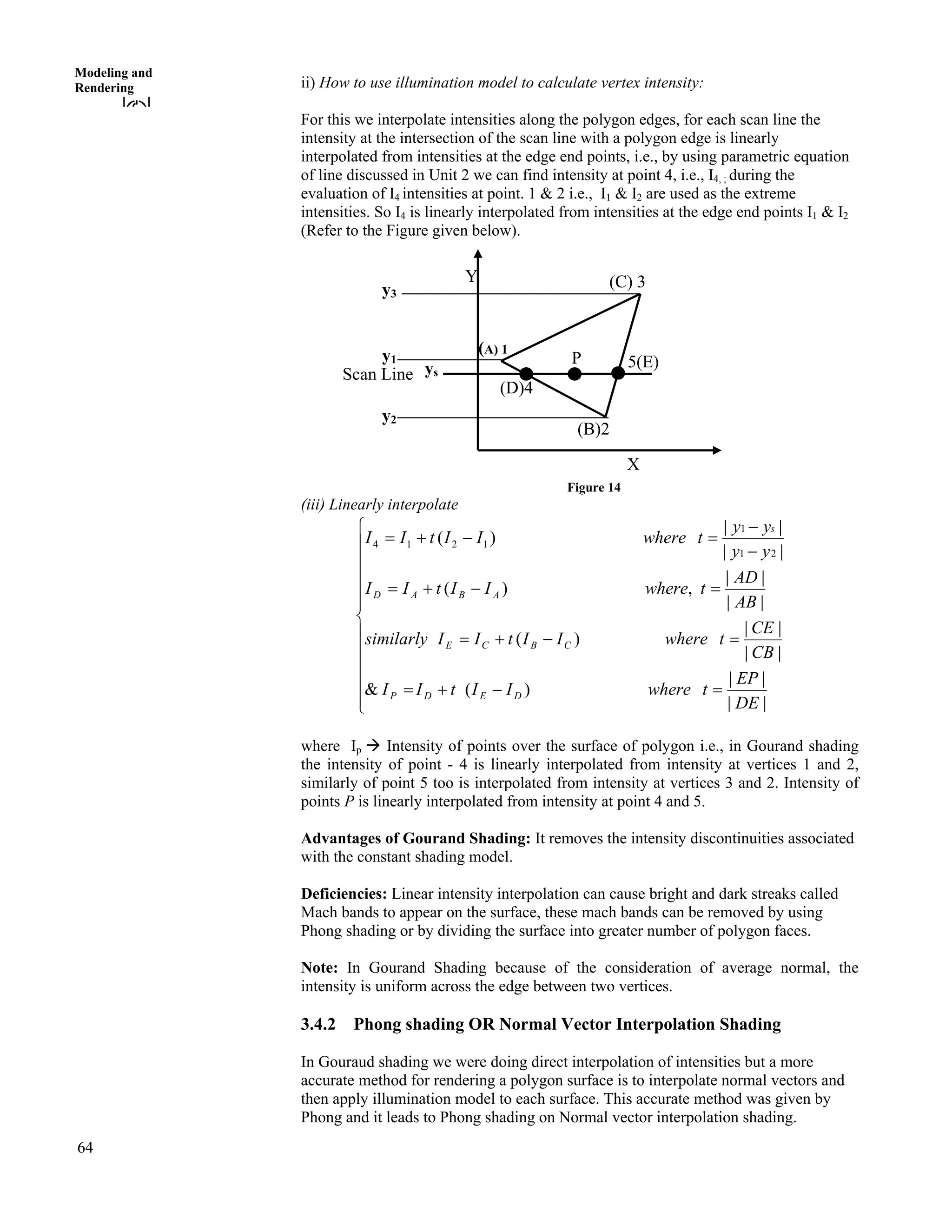 64
Modeling and
Rendering ii) How to use illumination model to calculate vertex intensity:
For this we interpolate intensities along the polygon edges, for each scan line the
intensity at the intersection of the scan line with a polygon edge is linearly
interpolated from intensities at the edge end points, i.e., by using parametric equation
of line discussed in Unit 2 we can find intensity at point 4, i.e., I4, ; during the
evaluation of I4 intensities at point. 1 & 2 i.e., I1 & I2 are used as the extreme
intensities. So I4 is linearly interpolated from intensities at the edge end points I1 & I2
(Refer to the Figure given below).
X
y3
y2
ys
Y
Scan Line
y1
(C) 3
(B)2
(D)4
(A) 1
P 5(E)
Figure 14
(iii) Linearly interpolate
Í
Í
Í
Í
Í
Ì
Í
Í
Í
Í
Í
Ë
Ê
?/-?
?/-?
?/-?
/
/
?/-?
||
||
)(&
||
||
)(
||
||
,)(
||
||
)(
21
1
1214
DE
EP
twhereIItII
CB
CE
twhereIItIIsimilarly
AB
AD
twhereIItII
yy
yy
twhereIItII
DEDP
CBCE
ABAD
s
where Ip å Intensity of points over the surface of polygon i.e., in Gourand shading
the intensity of point - 4 is linearly interpolated from intensity at vertices 1 and 2,
similarly of point 5 too is interpolated from intensity at vertices 3 and 2. Intensity of
points P is linearly interpolated from intensity at point 4 and 5.
Advantages of Gourand Shading: It removes the intensity discontinuities associated
with the constant shading model.
Deficiencies: Linear intensity interpolation can cause bright and dark streaks called
Mach bands to appear on the surface, these mach bands can be removed by using
Phong shading or by dividing the surface into greater number of polygon faces.
Note: In Gourand Shading because of the consideration of average normal, the
intensity is uniform across the edge between two vertices.
3.4.2 Phong shading OR Normal Vector Interpolation Shading
In Gouraud shading we were doing direct interpolation of intensities but a more
accurate method for rendering a polygon surface is to interpolate normal vectors and
then apply illumination model to each surface. This accurate method was given by
Phong and it leads to Phong shading on Normal vector interpolation shading.
 