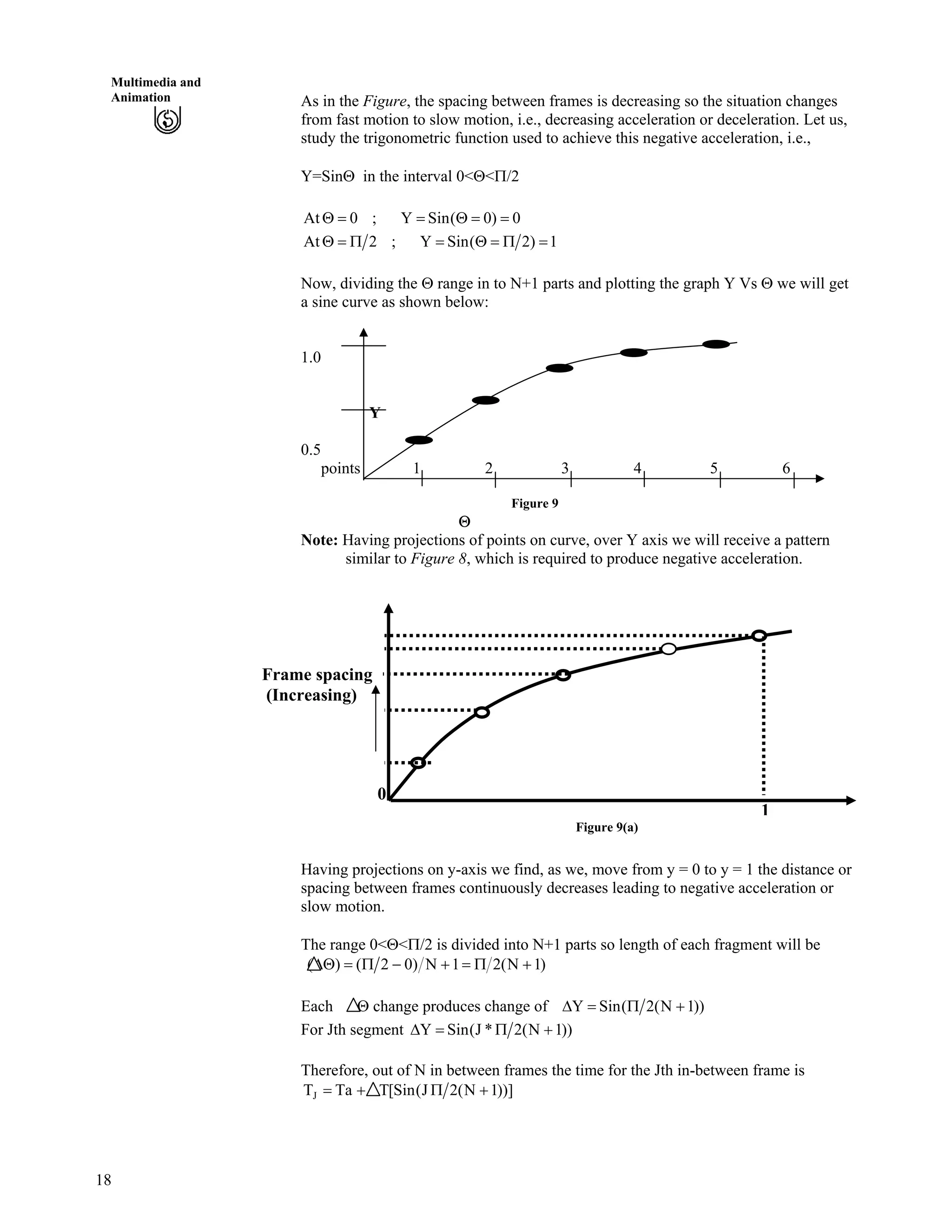 18
Multimedia and
Animation As in the Figure, the spacing between frames is decreasing so the situation changes
from fast motion to slow motion, i.e., decreasing acceleration or deceleration. Let us,
study the trigonometric function used to achieve this negative acceleration, i.e.,
Y=Sin in the interval 0< < /2
0)0(SinY;0At
1)2(SinY;2At
Now, dividing the range in to N+1 parts and plotting the graph Y Vs we will get
a sine curve as shown below:
1.0
Y
0.5
points 1 2 3 4 5 6
Figure 9
Note: Having projections of points on curve, over Y axis we will receive a pattern
similar to Figure 8, which is required to produce negative acceleration.
1
Frame spacing
(Increasing)
0
Figure 9(a)
Having projections on y-axis we find, as we, move from y = 0 to y = 1 the distance or
spacing between frames continuously decreases leading to negative acceleration or
slow motion.
The range 0< < /2 is divided into N+1 parts so length of each fragment will be
)1N(21N)02()(
Each change produces change of ))1N(2(SinY
For Jth segment ))1N(2*J(SinY
Therefore, out of N in between frames the time for the Jth in-between frame is
))]1N(2J(Sin[TTaTJ
 