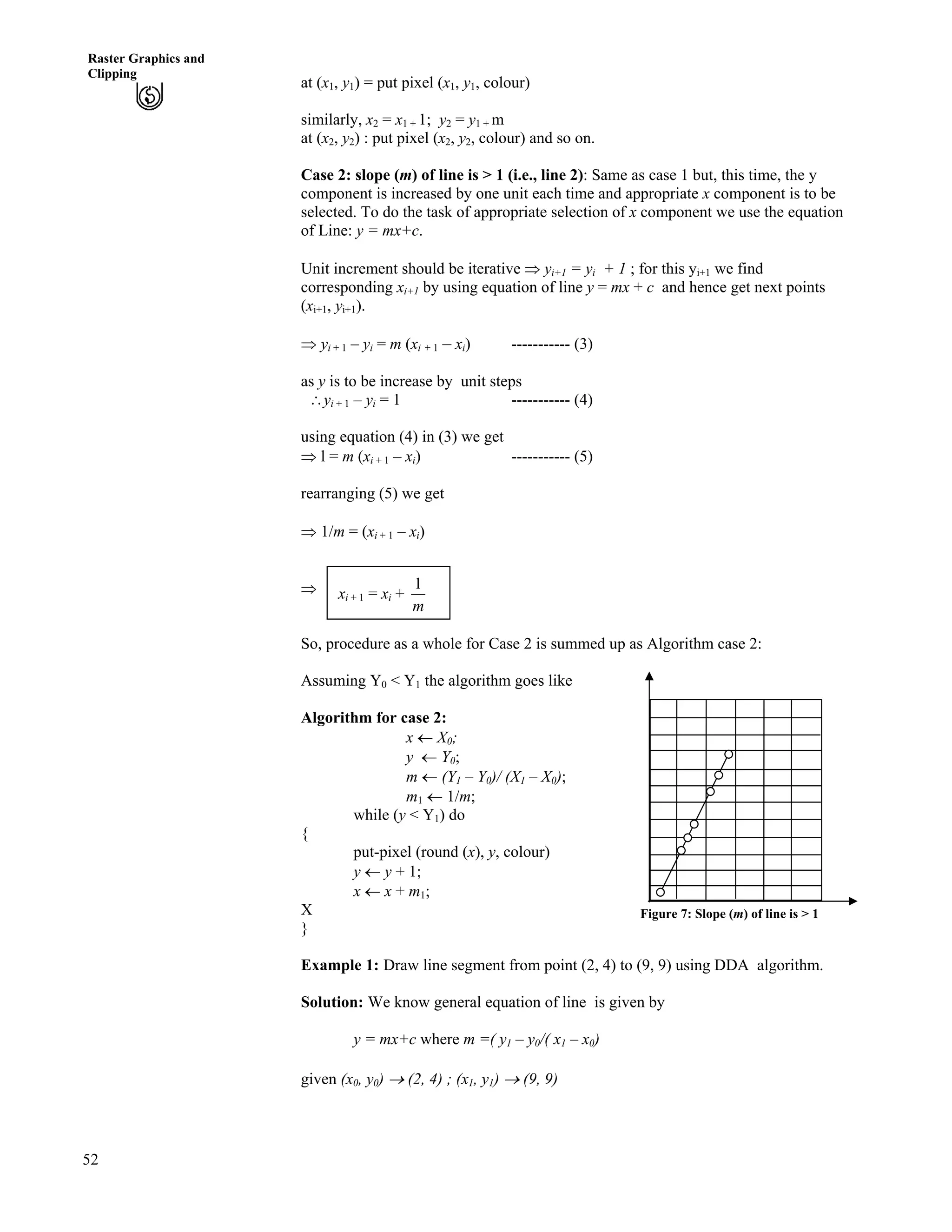 52
Raster Graphics and
Clipping
at (x1, y1) = put pixel (x1, y1, colour)
similarly, x2 = x1 + 1; y2 = y1 + m
at (x2, y2) : put pixel (x2, y2, colour) and so on.
Case 2: slope (m) of line is > 1 (i.e., line 2): Same as case 1 but, this time, the y
component is increased by one unit each time and appropriate x component is to be
selected. To do the task of appropriate selection of x component we use the equation
of Line: y = mx+c.
Unit increment should be iterative µ yi+1 = yi + 1 ; for this yi+1 we find
corresponding xi+1 by using equation of line y = mx + c and hence get next points
(xi+1, yi+1).
µ yi + 1 – yi = m (xi + 1 – xi) ----------- (3)
as y is to be increase by unit steps
^yi + 1 – yi = 1 ----------- (4)
using equation (4) in (3) we get
µ l = m (xi + 1 – xi) ----------- (5)
rearranging (5) we get
µ 1/m = (xi + 1 – xi)
xi + 1 = xi +
m
1µ
So, procedure as a whole for Case 2 is summed up as Algorithm case 2:
Assuming Y0 < Y1 the algorithm goes like
Algorithm for case 2:
x « X0;
y « Y0; Y
m « (Y1 – Y0)/ (X1 – X0);
m1 « 1/m;
while (y < Y1) do
{
put-pixel (round (x), y, colour)
y « y + 1;
x « x + m1;
X Figure 7: Slope (m) of line is > 1
}
Example 1: Draw line segment from point (2, 4) to (9, 9) using DDA algorithm.
Solution: We know general equation of line is given by
y = mx+c where m =( y1 – y0/( x1 – x0)
given (x0, y0) › (2, 4) ; (x1, y1) › (9, 9)
 