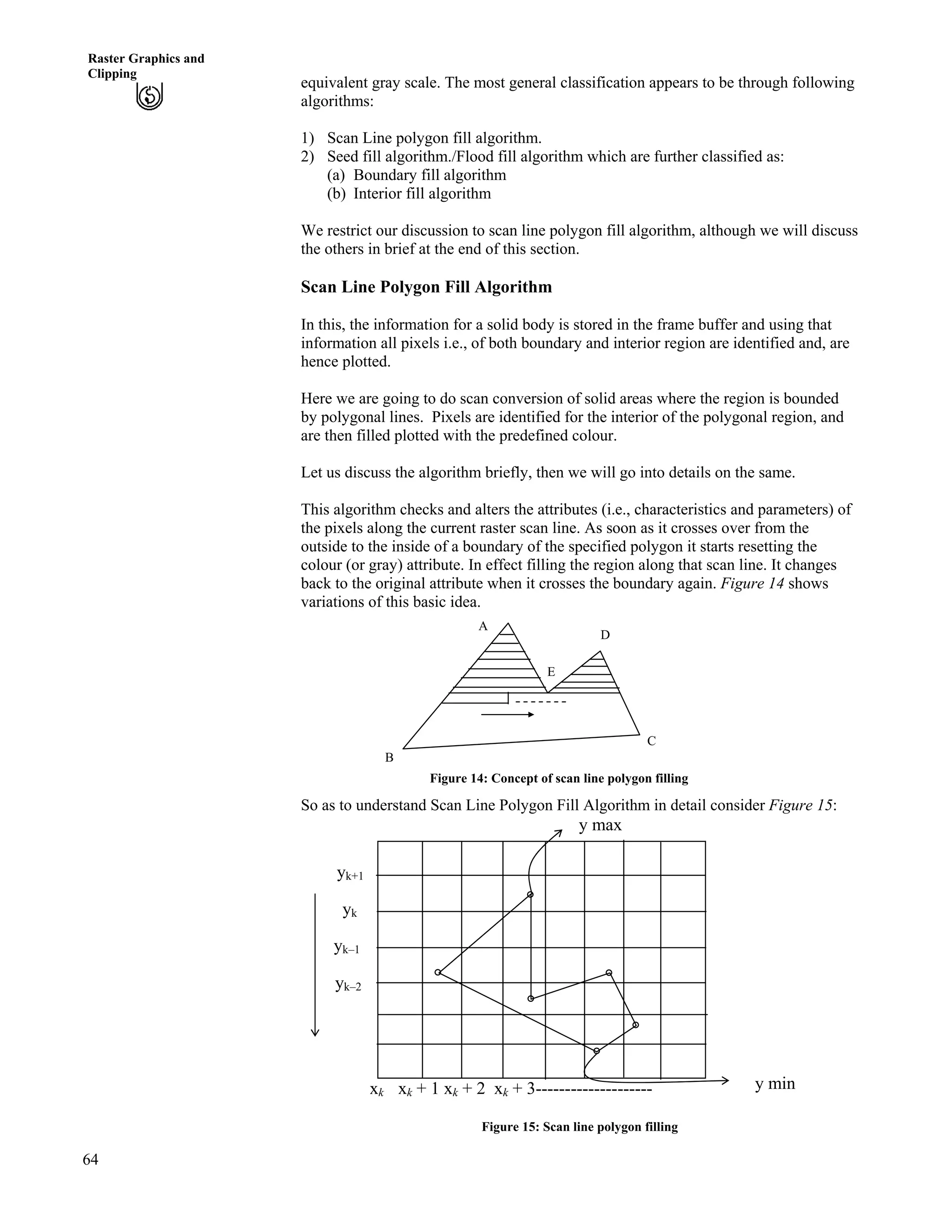 64
Raster Graphics and
Clipping
equivalent gray scale. The most general classification appears to be through following
algorithms:
1) Scan Line polygon fill algorithm.
2) Seed fill algorithm./Flood fill algorithm which are further classified as:
(a) Boundary fill algorithm
(b) Interior fill algorithm
We restrict our discussion to scan line polygon fill algorithm, although we will discuss
the others in brief at the end of this section.
Scan Line Polygon Fill Algorithm
In this, the information for a solid body is stored in the frame buffer and using that
information all pixels i.e., of both boundary and interior region are identified and, are
hence plotted.
Here we are going to do scan conversion of solid areas where the region is bounded
by polygonal lines. Pixels are identified for the interior of the polygonal region, and
are then filled plotted with the predefined colour.
Let us discuss the algorithm briefly, then we will go into details on the same.
This algorithm checks and alters the attributes (i.e., characteristics and parameters) of
the pixels along the current raster scan line. As soon as it crosses over from the
outside to the inside of a boundary of the specified polygon it starts resetting the
colour (or gray) attribute. In effect filling the region along that scan line. It changes
back to the original attribute when it crosses the boundary again. Figure 14 shows
variations of this basic idea.
E
D
A
C
B
Figure 14: Concept of scan line polygon filling
So as to understand Scan Line Polygon Fill Algorithm in detail consider Figure 15:
xk xk + 1 xk + 2 xk + 3--------------------
yk+1
yk–2
yk–1
yk
y max
y min
Figure 15: Scan line polygon filling
 