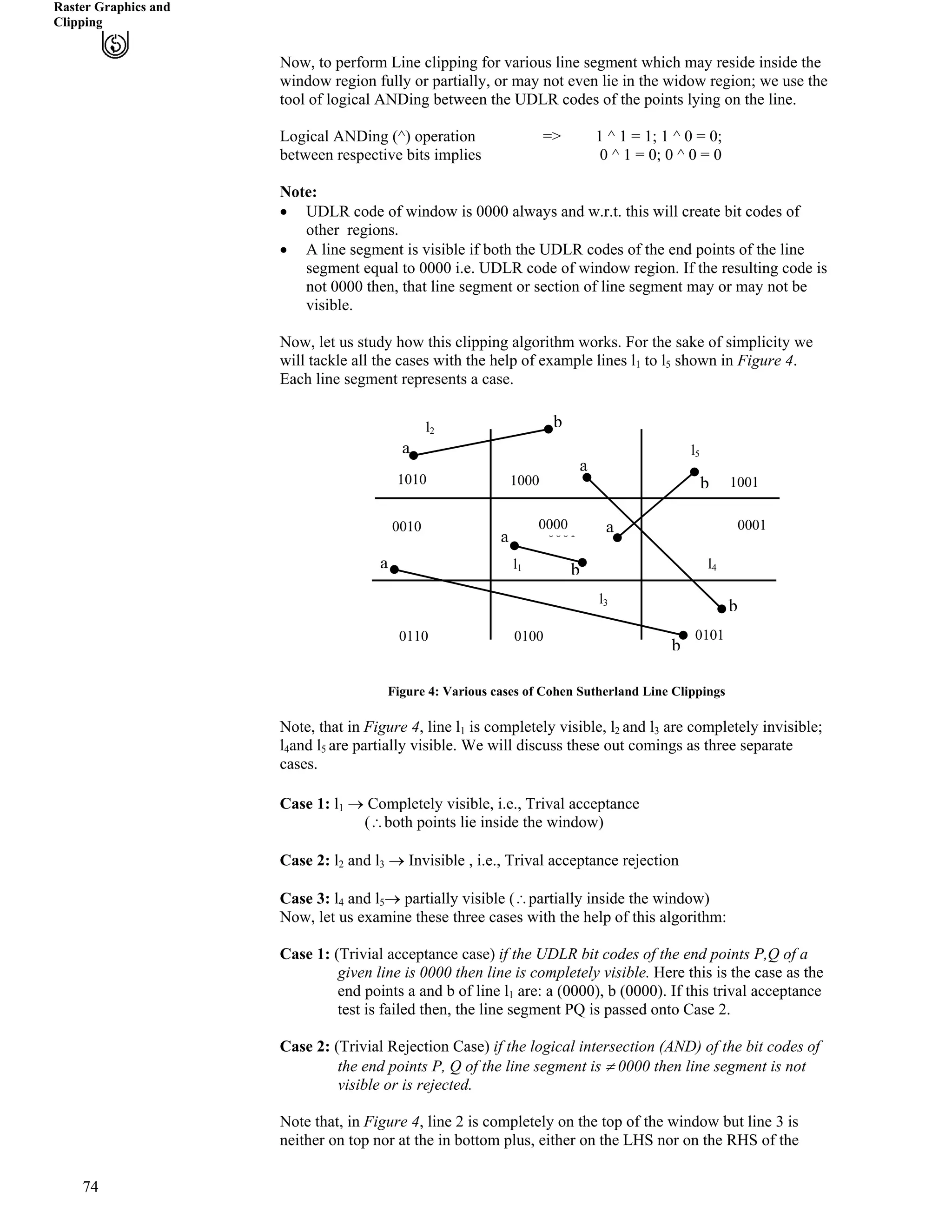 Raster Graphics and
Clipping
Now, to perform Line clipping for various line segment which may reside inside the
window region fully or partially, or may not even lie in the widow region; we use the
tool of logical ANDing between the UDLR codes of the points lying on the line.
Logical ANDing (^) operation => 1 ^ 1 = 1; 1 ^ 0 = 0;
between respective bits implies 0 ^ 1 = 0; 0 ^ 0 = 0
Note:
‚ UDLR code of window is 0000 always and w.r.t. this will create bit codes of
other regions.
‚ A line segment is visible if both the UDLR codes of the end points of the line
segment equal to 0000 i.e. UDLR code of window region. If the resulting code is
not 0000 then, that line segment or section of line segment may or may not be
visible.
Now, let us study how this clipping algorithm works. For the sake of simplicity we
will tackle all the cases with the help of example lines l1 to l5 shown in Figure 4.
Each line segment represents a case.
74
Figure 4: Various cases of Cohen Sutherland Line Clippings
Note, that in Figure 4, line l1 is completely visible, l2 and l3 are completely invisible;
l4and l5 are partially visible. We will discuss these out comings as three separate
cases.
Case 1: l1 › Completely visible, i.e., Trival acceptance
(^both points lie inside the window)
Case 2: l2 and l3 › Invisible , i.e., Trival acceptance rejection
Case 3: l4 and l5› partially visible (^partially inside the window)
Now, let us examine these three cases with the help of this algorithm:
Case 1: (Trivial acceptance case) if the UDLR bit codes of the end points P,Q of a
given line is 0000 then line is completely visible. Here this is the case as the
end points a and b of line l1 are: a (0000), b (0000). If this trival acceptance
test is failed then, the line segment PQ is passed onto Case 2.
Case 2: (Trivial Rejection Case) if the logical intersection (AND) of the bit codes of
the end points P, Q of the line segment is 0000 then line segment is not
visible or is rejected.
Note that, in Figure 4, line 2 is completely on the top of the window but line 3 is
neither on top nor at the in bottom plus, either on the LHS nor on the RHS of the
1001
0001
0101
l1
bl2
a l5
a
1010 1000 b 1001
00010000 a0010
a
a l4b
l3
b
0110 0100
b
 
