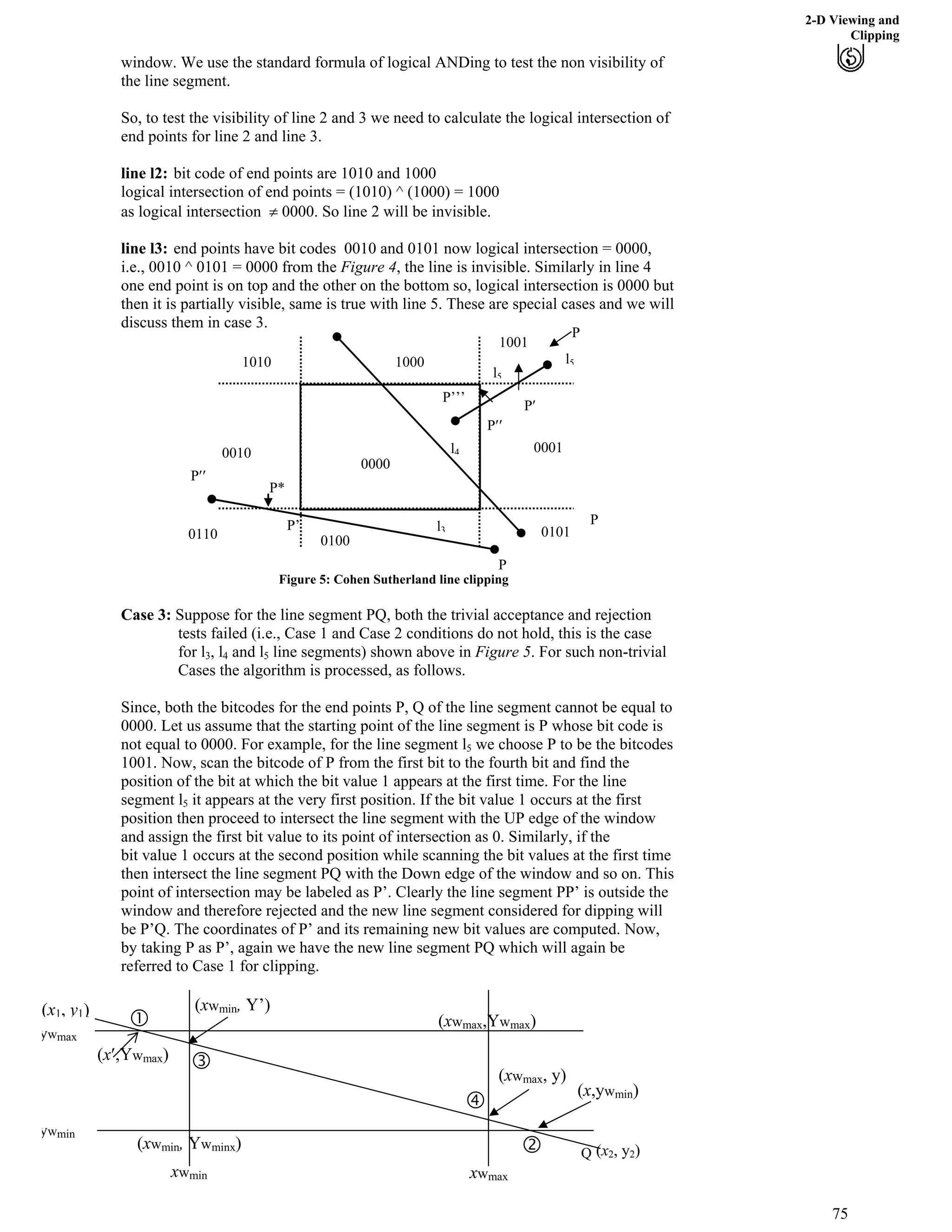 2-D Viewing and
Clipping
window. We use the standard formula of logical ANDing to test the non visibility of
the line segment.
So, to test the visibility of line 2 and 3 we need to calculate the logical intersection of
end points for line 2 and line 3.
line l2: bit code of end points are 1010 and 1000
logical intersection of end points = (1010) ^ (1000) = 1000
as logical intersection 0000. So line 2 will be invisible.
line l3: end points have bit codes 0010 and 0101 now logical intersection = 0000,
i.e., 0010 ^ 0101 = 0000 from the Figure 4, the line is invisible. Similarly in line 4
one end point is on top and the other on the bottom so, logical intersection is 0000 but
then it is partially visible, same is true with line 5. These are special cases and we will
discuss them in case 3.
P
P’’’
P¦¦
l5
Figure 5: Cohen Sutherland line clipping
Case 3: Suppose for the line segment PQ, both the trivial acceptance and rejection
tests failed (i.e., Case 1 and Case 2 conditions do not hold, this is the case
for l3, l4 and l5 line segments) shown above in Figure 5. For such non-trivial
Cases the algorithm is processed, as follows.
Since, both the bitcodes for the end points P, Q of the line segment cannot be equal to
0000. Let us assume that the starting point of the line segment is P whose bit code is
not equal to 0000. For example, for the line segment l5 we choose P to be the bitcodes
1001. Now, scan the bitcode of P from the first bit to the fourth bit and find the
position of the bit at which the bit value 1 appears at the first time. For the line
segment l5 it appears at the very first position. If the bit value 1 occurs at the first
position then proceed to intersect the line segment with the UP edge of the window
and assign the first bit value to its point of intersection as 0. Similarly, if the
bit value 1 occurs at the second position while scanning the bit values at the first time
then intersect the line segment PQ with the Down edge of the window and so on. This
point of intersection may be labeled as P’. Clearly the line segment PP’ is outside the
window and therefore rejected and the new line segment considered for dipping will
be P’Q. The coordinates of P’ and its remaining new bit values are computed. Now,
by taking P as P’, again we have the new line segment PQ which will again be
referred to Case 1 for clipping.
l3
P¦
P¦¦
P*
P
1010 1000
1001
0010
0000
0001
110 0101
0100
P
l5
l4
0
P’
xwmaxxwmin
¢
¡
¦
Q
(xwmin, Y’)(x1, y1)
(xwmax,Ywmax)
(x2, y2)
ywmax
(xwmin, Ywminx)
(x¦,Ywmax)
(xwmax, y)
ywmin
x,ywmin)(
75
 