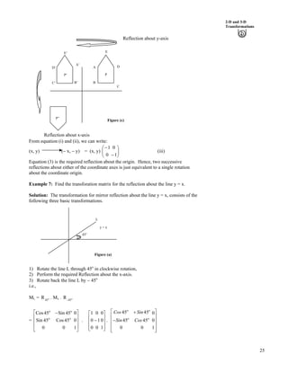 25
2-D and 3-D
Transformations
1
Reflection about y-axis
Figure (c)
E’
B’C’
D’
A’
P’
P”
C
B
A D
P
E
From equation (i) and (ii), we can write:
Reflection about x-axis
(x, y) (/ x, / y) = (x, y) (iii)ÕÕ
Ö
Ô
ÄÄ
Å
Ã
/
/
1
0
0
1
Equation (3) is the required reflection about the origin. Hence, two successive
reflections about either of the coordinate axes is just equivalent to a single rotation
about the coordinate origin.
Example 7: Find the transforation matrix for the reflection about the line y = x.
Solution: The transformation for mirror reflection about the line y = x, consists of the
following three basic transformations.
Figure (a)
L
y = x
45o
1) Rotate the line L through 45o
in clockwise rotation,
2) Perform the required Reflection about the x-axis.
3) Rotate back the line L by / 45o
i.e.,
ML = . Mo
45
R x . o
45-
R
= .
Ù
Ù
Ù
Ú
È
È
È
É
Ç /
1
0
0
0
45Cos
45Sin
0
45Sin
45Cos
o
o
o
o
.
1
0
0
0
1
0
0
0
1
Ù
Ù
Ù
ÚÈ
È
È
É
Ç
/
45 45 0
45 45 0
0 0
o o
o o
Cos Sin
Sin Cos
Ç -
È Ù
/È Ù
È Ù
È ÙÉ Ú
 