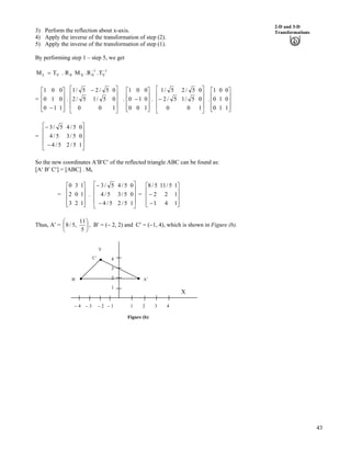 43
2-D and 3-D
Transformations3) Perform the reflection about x-axis.
4) Apply the inverse of the transformation of step (2).
5) Apply the inverse of the transformation of step (1).
By performing step 1 – step 5, we get
1
V
1
XVL T.R.MR.TM //
ss?
=
Ù
Ù
Ù
Ú
È
È
È
É
Ç /
Ù
Ù
Ù
ÚÈ
È
È
É
Ç
/ 1
0
0
0
5/1
5/2
0
5/2
5/1
.
1
0
0
1
1
0
0
0
1
. .
1
0
0
0
1
0
0
0
1
Ù
Ù
Ù
ÚÈ
È
È
É
Ç
/
Ù
Ù
Ù
Ú
È
È
È
É
Ç
/
1
0
0
0
5/1
5/2
0
5/2
5/1
.
Ù
Ù
Ù
ÚÈ
È
È
É
Ç
1
0
0
1
1
0
0
0
1
=
Ù
Ù
Ù
Ú
È
È
È
É
Ç
/
/
1
0
0
5/2
5/3
5/4
5/4
5/4
5/3
So the new coordinates A¦B¦C¦ of the reflected triangle ABC can be found as:
[A¦ B¦ C¦] = [ABC] . ML
= .
Ù
Ù
Ù
ÚÈ
È
È
É
Ç
1
1
1
2
0
3
3
2
0
Ù
Ù
Ù
Ú
È
È
È
É
Ç
/
/
1
0
0
5/2
5/3
5/4
5/4
5/4
5/3
=
Ù
Ù
Ù
ÚÈ
È
È
É
Ç
/
/
1
1
1
4
2
5/11
1
2
5/8
Thus, A¦ = Õ
Ö
Ô
Ä
Å
Ã
5
11
,5/8 , B¦ = (/ 2, 2) and C¦ = (/1, 4), which is shown in Figure (b).
X
4
3
2
1
Y
C’
B’ A’
– 4 – 3 – 2 – 1 1 2 3 4
Figure (b)
 