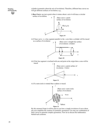 cylinder (symmetric about the axis of revolution). Therefore, different base curves we
will get different surfaces of revolution, e.g.,
Modeling
and Rendering
i) Base Curve: say just a point when it rotates about x axis it will trace a circular
surface of revolution.
P(x1,y1)
{Base curve: a point
surface of revolution:
z x
y
Figure 19
ii) If base curve µ a line segment parallel to the x axis then a cylinder will be traced
as a surface of revolution. {Base curve: straight line surface
of revolution: cylinder}
x
y
Figure 20z
iii) If the line segment is inclined with one end point at the origin then a cone will be
traced
Figure 21
iv) If a semi-circle is rotated then a sphere is traced.
{Base curve: a point surface of
revolution: Circle}
z
z
y
x
{Base curve: semi-circle
surface of revolution
Semi
x
y
Sphere
Figure 22
By this moment I hope it will be clear to you how a simple revolution of curve about
any axis simplifies the creation of symmetric geometries You may use combination of
basic curves to generate complex geometries. Now let us discuss the mathematics
behind such creations.
28
 