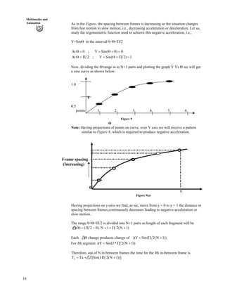 18
Multimedia and
Animation As in the Figure, the spacing between frames is decreasing so the situation changes
from fast motion to slow motion, i.e., decreasing acceleration or deceleration. Let us,
study the trigonometric function used to achieve this negative acceleration, i.e.,
Y=Sin in the interval 0< < /2
0)0(SinY;0At
1)2(SinY;2At
Now, dividing the range in to N+1 parts and plotting the graph Y Vs we will get
a sine curve as shown below:
1.0
Y
0.5
points 1 2 3 4 5 6
Figure 9
Note: Having projections of points on curve, over Y axis we will receive a pattern
similar to Figure 8, which is required to produce negative acceleration.
1
Frame spacing
(Increasing)
0
Figure 9(a)
Having projections on y-axis we find, as we, move from y = 0 to y = 1 the distance or
spacing between frames continuously decreases leading to negative acceleration or
slow motion.
The range 0< < /2 is divided into N+1 parts so length of each fragment will be
)1N(21N)02()(
Each change produces change of ))1N(2(SinY
For Jth segment ))1N(2*J(SinY
Therefore, out of N in between frames the time for the Jth in-between frame is
))]1N(2J(Sin[TTaTJ
 