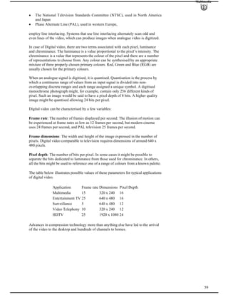 Multimedia
The National Television Standards Committee (NTSC), used in North America
and Japan
Phase Alternate Line (PAL), used in western Europe,
employ line interlacing. Systems that use line interlacing alternately scan odd and
even lines of the video, which can produce images when analogue video is digitized.
In case of Digital video, there are two terms associated with each pixel, luminance
and chrominance. The luminance is a value proportional to the pixel’s intensity. The
chrominance is a value that represents the colour of the pixel and there are a number
of representations to choose from. Any colour can be synthesised by an appropriate
mixture of three properly chosen primary colours. Red, Green and Blue (RGB) are
usually chosen for the primary colours.
When an analogue signal is digitised, it is quantised. Quantisation is the process by
which a continuous range of values from an input signal is divided into non-
overlapping discrete ranges and each range assigned a unique symbol. A digitised
monochrome photograph might, for example, contain only 256 different kinds of
pixel. Such an image would be said to have a pixel depth of 8 bits. A higher quality
image might be quantised allowing 24 bits per pixel.
Digital video can be characterised by a few variables:
Frame rate: The number of frames displayed per second. The illusion of motion can
be experienced at frame rates as low as 12 frames per second, but modern cinema
uses 24 frames per second, and PAL television 25 frames per second.
Frame dimensions: The width and height of the image expressed in the number of
pixels. Digital video comparable to television requires dimensions of around 640 x
480 pixels.
Pixel depth: The number of bits per pixel. In some cases it might be possible to
separate the bits dedicated to luminance from those used for chrominance. In others,
all the bits might be used to reference one of a range of colours from a known palette.
The table below illustrates possible values of these parameters for typical applications
of digital video.
Application Frame rate Dimensions Pixel Depth
Multimedia 15 320 x 240 16
Entertainment TV 25 640 x 480 16
Surveillance 5 640 x 480 12
Video Telephony 10 320 x 240 12
HDTV 25 1920 x 1080 24
59
Advances in compression technology more than anything else have led to the arrival
of the video to the desktop and hundreds of channels to homes.
 