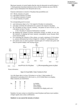 Introduction to
Computer Graphics
Maximum intensity of a pixel implies that the value for that point on each bit plane is
1 which generates maximum intensity (to have a bit low intensity any one of the bit
plane is given information 0 for that point and so on):
If picture information is stored in 2 bit planes then possibilities are:
0 0 min. intensity of a point
0 1 medium intensity of a point
1 0 medium intensity of a point
1 1 max intensity of a point
For corresponding pixel on screen:
‚ each information digit is 0 or 1 for respective bit plane in continuation,
‚ each digit constitutes the information for a point in the respective bit plane,
‚ for 2 bit planes we have 4 levels, similarly, 3 bit planes we have 8 levels i.e., for
n bit planes we have 2n
levels.
n
µ for n bit plane 2 amount of information is needed.
‚ By adopting this method of picture information storage, no doubt, we can vary
the intensity of adopting but more memory consumption occurs because there
exists more bit planes.
‚ For controlling the intensity of the colours, we need a minimum of 8 bit planes
i.e., picture information has to have 8 digits (0, 1) further 28
combinations occur.
‚ For colours case we need in general 3 electron guns of 3 colours (red, green and
blue) for picture display with varying colours.
mxnå size of a bit plane i, jåcorresponding point on plane
(R)
Red
(G)
Green
(B)
Blue
mxn (i, j)
mxn (i, j)
mxn (i, j)
mxn (i, j)
Picture information
Figure 16: Frame Buffer: Colour Variation of a Pixel
As in the figure above we have 3 bit planes so we have 3 digit numbers. If
information in each plane (R, G, B) is zero i.e., (0, 0, 0) then there is no display.
Other situations are listed below:
R G B
So, 0 0 0 no display
0 0 1 Blue display
0 1 0 Green display
0 1 1 Green-blue mix display and so on.
Similarly, for more colours we should have more bit planes and hence more numbers
of digits signify more colour combinations.
Similarly we can control the intensity of colours
37
 