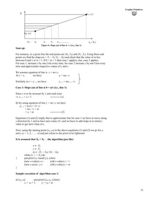 51
Graphic Primitives
Y
Figure 6: Slope (m) of line is < 1 (i.e., line 1)
Sum up:
For instance, in a given line the end points are (X0, Y0) and (X1, Y1). Using these end
points we find the slope (m = Y1 – Y0/ X1 – X0) and check that the value of m lies
between 0 and 1 or is > 1. If 0 < m < 1 then case 1 applies, else, case 2 applies.
For case 1, increase x by one Unit every time, for case 2 increase y by one Unit every
time and approximate respective values of y and x.
We assume equation of line is y = mx+c
At x = xi we have yi = mxi+c
Similarly at x = xi + 1 we have yi + 1 = mxi + 1 +c
(xi = x0 x1 x2 x3------------------- xn = X1)
(x0, y0)
(x1, y1)
Case 1: Slope (m) of line is 0 < m1 (i.e., line 1)
Since x is to be increase by 1 unit each time
µ xi + 1 = xi + 1 ----------- (1)
So by using equation of line y = mx+c we have
yi + 1 = m (xi + 1) +c
= mxi +c + m
= yi + m ------------ (2)
Equations (1) and (2) imply that to approximate line for case 1 we have to move along
x direction by 1 unit to have next value of x and we have to add slope m to initial y
value to get next value of y.
Now, using the starting point (x0, y0) in the above equations (1) and (2) we go for xi
and yi (i = 1, 2, ……n) and put colour to the pixel to be lightened.
It is assumed that X0 < X1 ^the algorithm goes like:
x « X0
y « Y0
m « (Y1 – Y0)/ (X1 – X0)
while (x < = X1) do
{ put-pixel (x, round (y), color)
(new x-value) x « (old x-value) x + 1
(new y-axis) y « (old y-value) y + m
}
Sample execution of algorithm case 1:
at (x0, y0) : put-pixel (x0, y0, colour)
x1 = x0 + 1; y1 = y0 + m
 