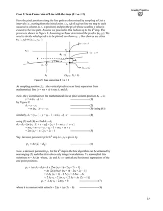 55
Graphic Primitives
Case 1: Scan Conversion of Line with the slope (0 < m < 1)
Here the pixel positions along the line path are determined by sampling at Unit x
intervals i.e., starting from the initial point. (x0, y0) of a given line we step to each
successive column. (i.e., x-position) and plot the pixel whose scanline y value is
closest to the line path. Assume we proceed in this fashion up to the kth
step. The
process is shown in Figure 9. Assuming we have determined the pixel at (xk, yk). We
need to decide which pixel is to be plotted in column xk+ 1. Our choices are either
(xk +1, yk) or (xk + 1, yk + 1).
(xk + 1, y)
Ti
yk+1
yk
(xk +1, yk)
(xk + 1, yk+ 1)
d1
d2
Si
y = mx + c
Y
(xk , yk)
(Xk +1 = Xk + 1)Xk
Figure 9: Scan conversion 0 < m < 1
At sampling position Xk + 1 the vertical pixel (or scan line) separation from
mathematical line (y = mx + c) is say d1 and d2.
Now, the y coordinate on the mathematical line at pixel column position Xk + 1 is:
y = m (xk + 1) + c ---------------------(1)
by Figure 9:
d1 = y – yk ---------------------(2)
= m (xk + 1) + c – yk ---------------------(3) (using (1))
similarly, d2 = (yk + 1) – y = yk + 1 – m (xk + 1) - c ---------------------(4)
using (3) and (4) we find d1 – d2
d1 – d2 = [m (xk + 1) + c – yk] – [yk + 1 – m (xk + 1) – c]
= mxk + m + c – yk – yk – 1 + mxk + m + c
= 2m (xk + 1) – 2yk + 2c – 1 ---------------------(5)
Say, decision parameter p for kth
step i.e., pk is given by
---------------------(6))( 21 ddxpk /F?
Now, a decision parameter pk for the kth
step in the line algorithm can be obtained by
rearranging (5) such that it involves only integer calculations. To accomplish this
substitute m = Fy/Fx where, Fy and Fx µ vertical and horizontal separations of the
end point positions.
pk = Fx (d1 – d2) = F x [2m (xk + 1) – 2yk + 2c – 1]
= Fx [2(Fy/Fx) (xk + 1) – 2yk + 2c – 1]
= 2 Fy (xk + 1) – 2 Fxyk + 2 Fxc – Fx
= 2 Fy xk – 2 Fx yk + [2 Fy + Fx (2c – 1)]
pk = 2 Fy xk – 2Fxyk + b -------------------- (7)
where b is constant with value b = 2Fy + Fx (2c – 1) ---------------------(8)
 