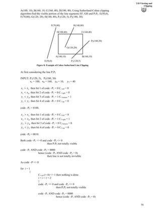 2-D Viewing and
Clipping
A(100, 10), B(160, 10, C(160, 40), D(100, 40). Using Sutherland-Cohen clipping
algorithm find the visible portion of the line segments EF, GH and P1P2. E(50,0),
F(70,80), G(120, 20), H(140, 80), P (120, 5), P1 2(180, 30).
A(100,10)
C(160,40)D(100,40)
B(160,10)
H(140,80)
G(120,20)
P1(120,5)
P2(180,30)
F(70,80)
E(50,0)
Figure 8: Example of Cohen Sutherland Line Clipping
At first considering the line P1P2
(120, 5), PINPUT: P1 2(180, 30)
xL = 100, xR = 160, yB = 10, yT = 40B
Lxx @1 then bit 1 of code –P1 = 0 C1 left = 0
Rxx >1 then bit 2 of code –P1 = 0 C1 right = 0
Byy >1 then bit 3 of code –P1 = 1 C1 bottom = 1
Tyy >1 then bit 4 of code –P1 = 0 C1 top = 0
code –P1 = 0100,
Lxx @2 then bit 1 of code –P1 = 0 C2 left = 0
Rxx @2 then bit 2 of code –P1 = 1 C2 right = 1
Byy @2 then bit 3 of code –P1 = 0 C2 bottom = 0
Tyy >2 then bit 4 of code –P1 = 0 C2 top = 0
code –P2 = 0010.
Both code –P1 <> 0 and code –P <> 02
then P P1 2 not totally visible
code –P1 AND code –P2 = 0000
hence (code –P1 AND code –P = 0)2
then line is not totally invisible.
As code –P <> 0
for i = 1
{
C1 left (= 0) <> 1 then nothing is done.
i = i + 1 = 2
}
code –P1 <> 0 and code –P2 <> 0
then P P1 2 not totally visible.
code –P1 AND code –P2 = 0000
hence (code –P1 AND code –P = 0)2
79
 