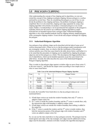 Raster Graphics and
Clipping
3.5 POLYGON CLIPPING
After understanding the concept of line clipping and its algorithms, we can now
extend the concept of line clipping to polygon clipping, because polygon is a surface
enclosed by several lines. Thus, by considering the polygon as a set of line we can
divide the problem to line clipping and hence, the problem of polygon clipping is
simplified. But it is to be noted that, clipping each edge separately by using a line
clipping algorithm will certainly not produce a truncated polygon as one would
expect. Rather, it would produce a set of unconnected line segments as the polygon is
exploded. Herein lies the need to use a different clipping algorithm to output
truncated but yet bounded regions from a polygon input. Sutherland-Hodgman
algorithm is one of the standard methods used for clipping arbitrary shaped polygons
with a rectangular clipping window. It uses divide and conquer technique for clipping
the polygon.
3.5.1 Sutherland-Hodgman Algorithm
Any polygon of any arbitrary shape can be described with the help of some set of
vertices associated with it. When we try to clip the polygon under consideration with
any rectangular window, then, we observe that the coordinates of the polygon
vertices satisfies one of the four cases listed in the table shown below, and further it is
to be noted that this procedure of clipping can be simplified by clipping the polygon
edgewise and not the polygon as a whole. This decomposes the bigger problem into a
set of subproblems, which can be handled separately as per the cases listed in the
table below. Actually this table describes the cases of the Sutherland-Hodgman
Polygon Clipping algorithm.
Thus, in order to clip polygon edges against a window edge we move from vertex Vi
to the next vertexVi+1 and decide the output vertex according to four simple tests or
rules or cases listed below:
Table: Cases of the Sutherland-Hodgman Polygon Clipping Algorithm
V Output VertexCase Vi i+1
A Inside
window)
Inside Vi+1
B Inside Outside V’i i.e intersection of polygon and window
edge
C Outside Outside None
D Outside Inside V’ VI ; i+1
In words, the 4 possible Tests listed above to clip any polygon states are as
mentioned below:
1) If both Input vertices are inside the window boundary then only 2nd
vertex is
added to output vertex list.
st
90
2) If 1 vertex is inside the window boundary and the 2nd
vertex is outside then, only
the intersection edge with boundary is added to output vertex.
3) If both Input vertices are outside the window boundary then nothing is added to
the output list.
4) If the 1st
vertex is outside the window and the 2nd
vertex is inside window, then
both the intersection points of the polygon edge with window boundary and 2nd
vertex are added to output vertex list.
So, we can use the rules cited above to clip a polygon correctly. The polygon must be
tested against each edge of the clip rectangle; new edges must be added and existing
edges must be discarded , retained or divided. Actually this algorithm decomposes
 