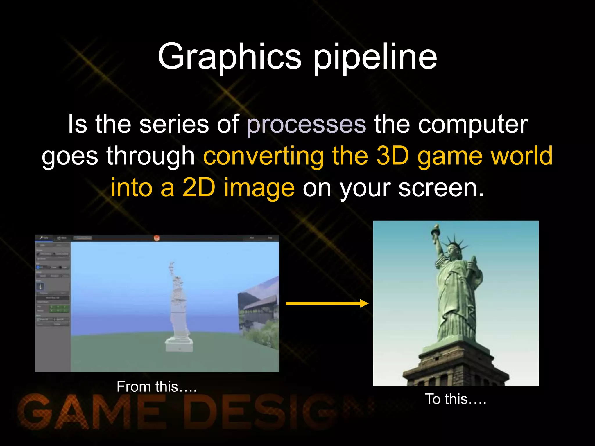 Graphics pipeline
Is the series of processes the computer
goes through converting the 3D game world
into a 2D image on your screen.
From this….
To this….
 