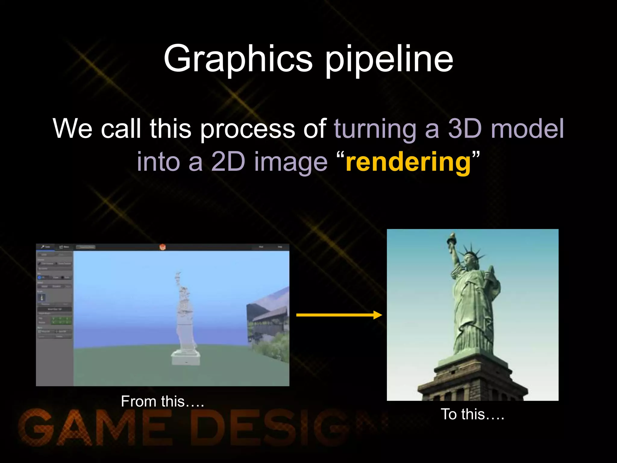 Graphics pipeline
We call this process of turning a 3D model
into a 2D image “rendering”
From this….
To this….
 