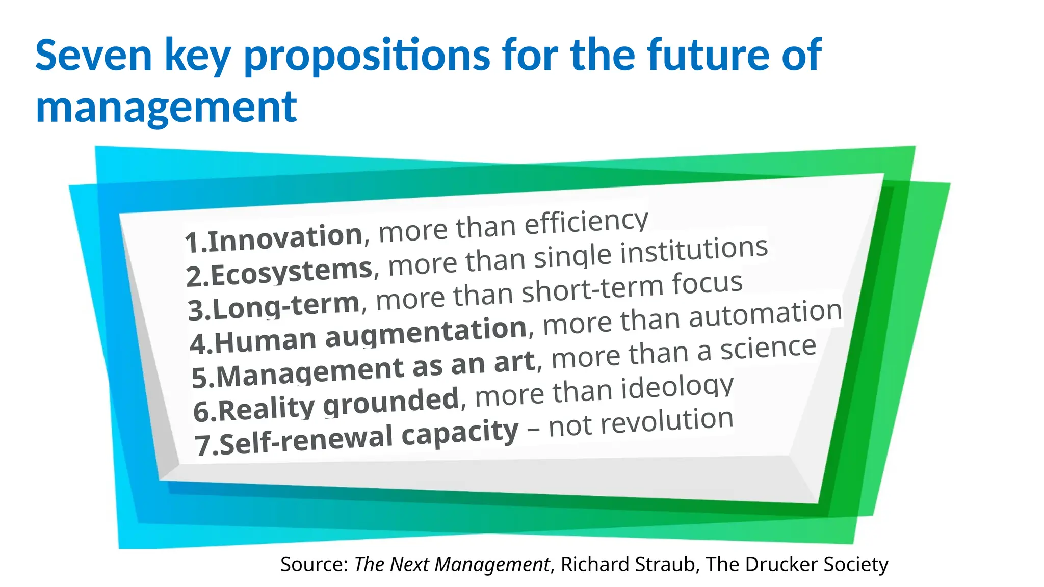 Seven key propositions for the future of
management
1.Innovation, more than efficiency
2.Ecosystems, more than single institutions
3.Long-term, more than short-term focus
4.Human augmentation, more than automation
5.Management as an art, more than a science
6.Reality grounded, more than ideology
7.Self-renewal capacity – not revolution
Source: The Next Management, Richard Straub, The Drucker Society
 