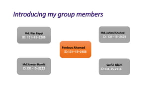 Introducing my group members
Md. Ilias Bappi
ID: 131-15-2266
Ferdous Ahamad
ID:131-15-2408
Md.Kawsar Hamid
ID:131-15-2223
Md. Jahirul Shahed
ID: 131-15-2479
Saiful Islam
ID:131-15-2516
 