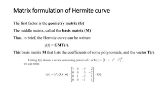 Matrix formulation of Hermite curve
The first factor is the geometry matrix (G)
The middle matrix, called the basis matrix (M)
Thus, in brief, the Hermite curve can be written
γ(t) = GMT(t).
This basis matrix M that lists the coefficients of some polynomials, and the vector T(t).
 