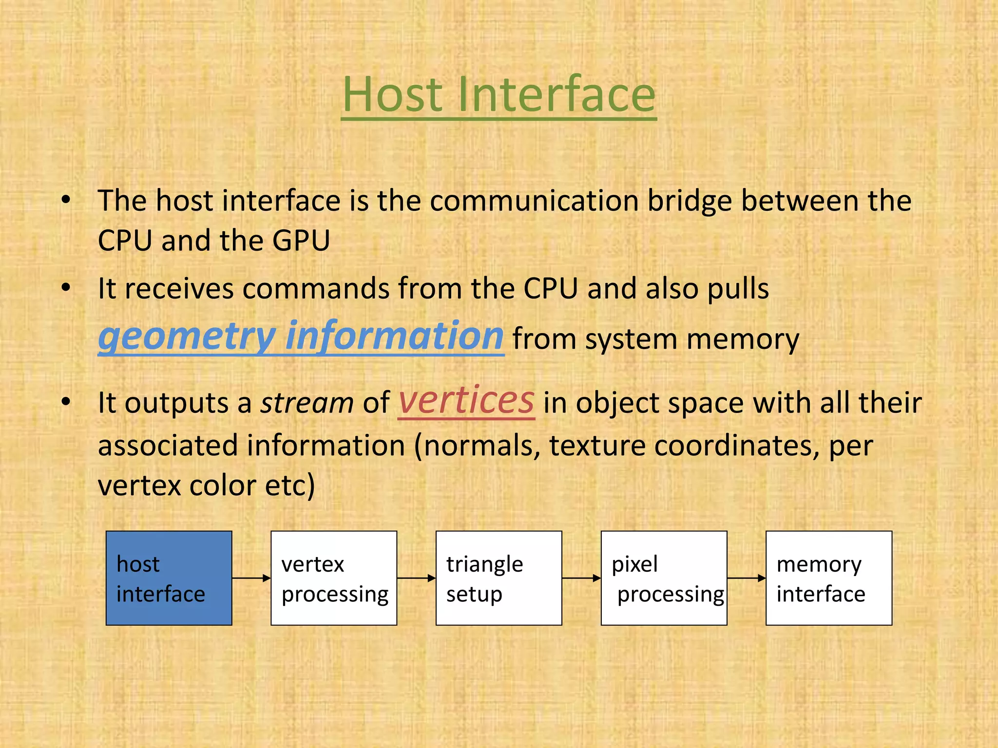 Host Interface
• The host interface is the communication bridge between the
CPU and the GPU
• It receives commands from the CPU and also pulls
geometry information from system memory
• It outputs a stream of vertices in object space with all their
associated information (normals, texture coordinates, per
vertex color etc)
host
interface
vertex
processing
triangle
setup
pixel
processing
memory
interface
 