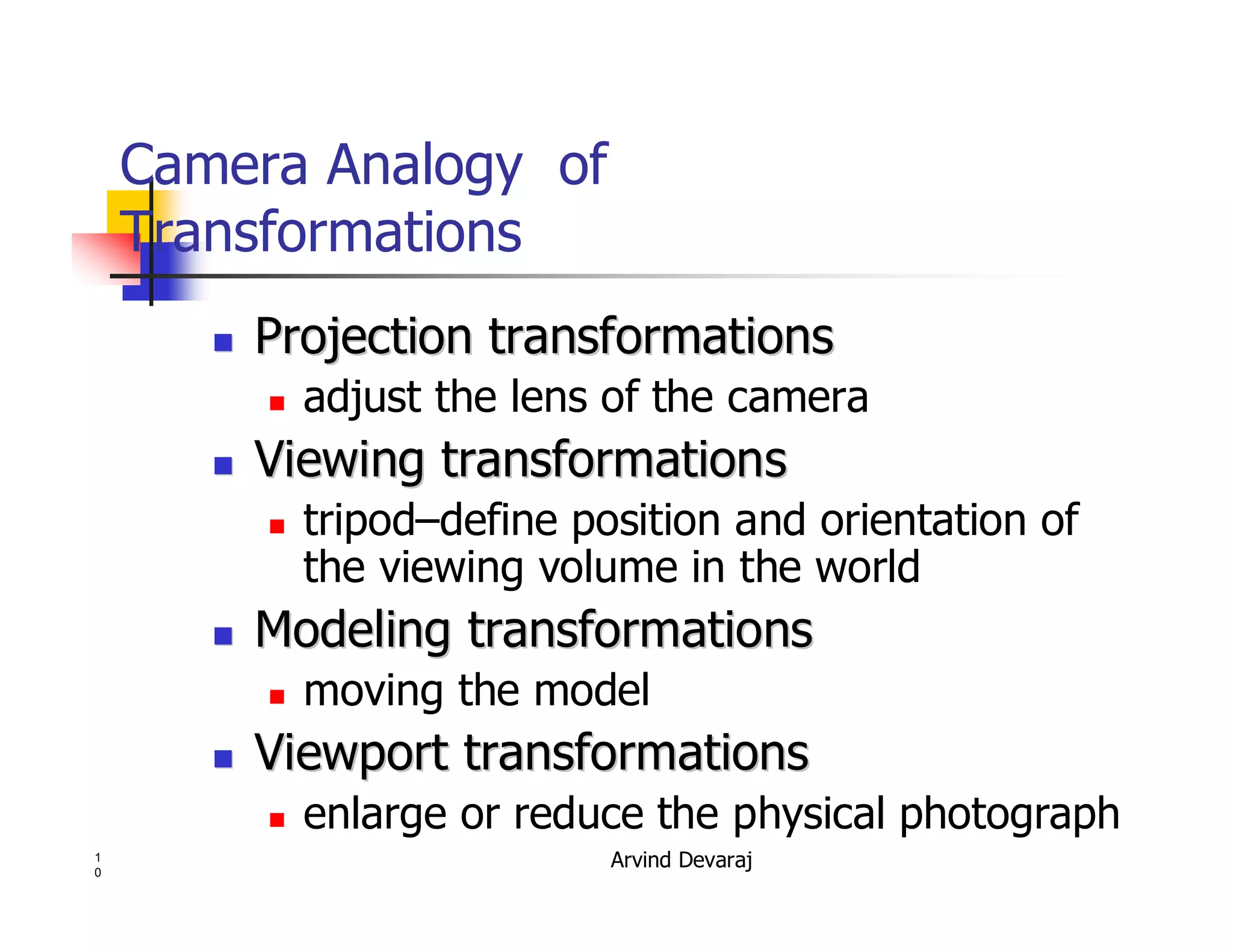 Arvind Devaraj1
0
Camera Analogy of
Transformations
�� Projection transformationsProjection transformations
� adjust the lens of the camera
�� Viewing transformationsViewing transformations
� tripod–define position and orientation of
the viewing volume in the world
�� Modeling transformationsModeling transformations
� moving the model
�� ViewportViewport transformationstransformations
� enlarge or reduce the physical photograph
 