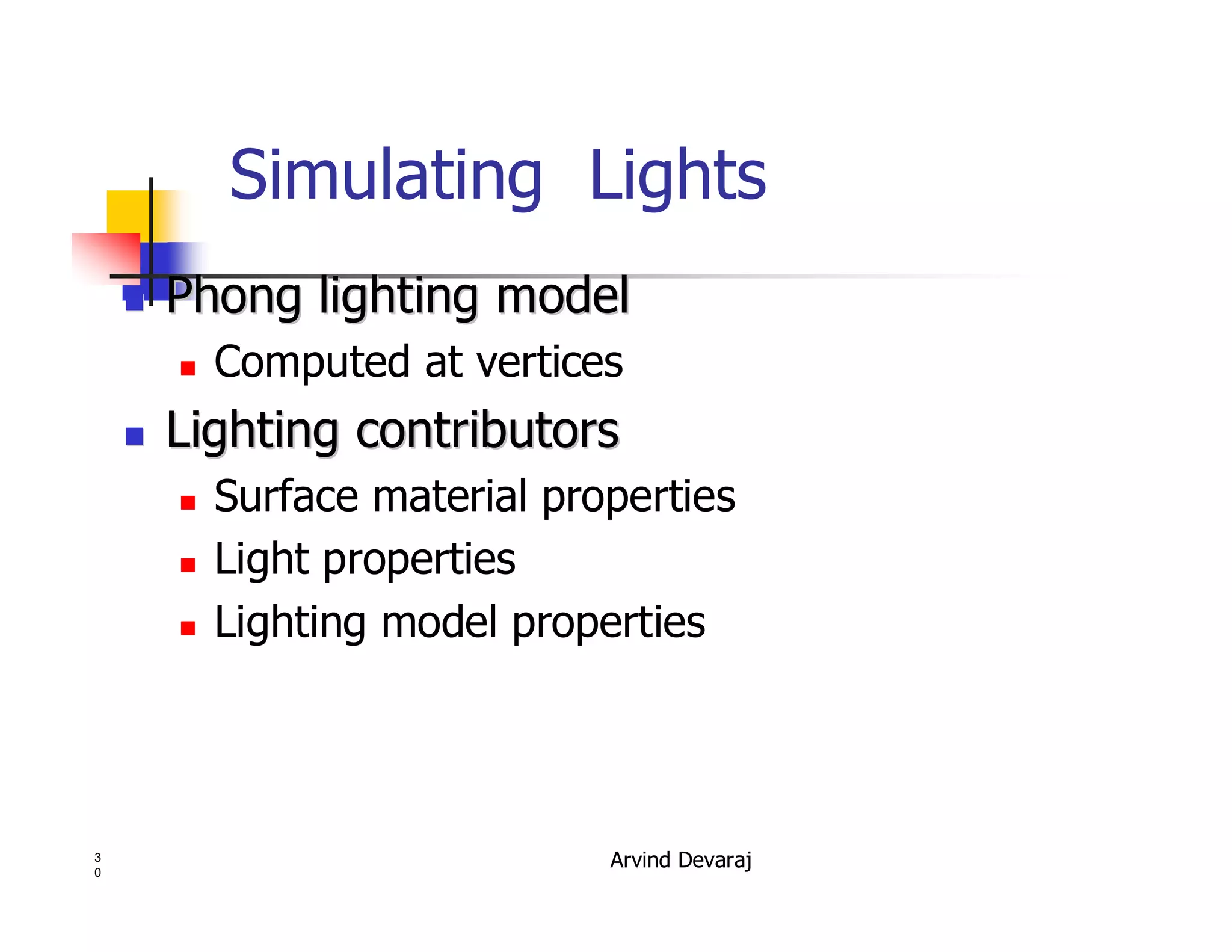 Arvind Devaraj3
0
Simulating Lights
�� PhongPhong lighting modellighting model
� Computed at vertices
�� Lighting contributorsLighting contributors
� Surface material properties
� Light properties
� Lighting model properties
 