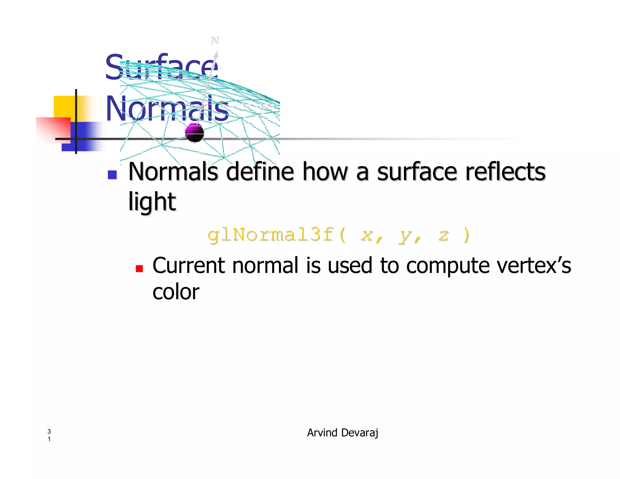 Arvind Devaraj3
1
Surface
Normals
�� NormalsNormals define how a surface reflectsdefine how a surface reflects
lightlight
glNormal3f(glNormal3f( x, y, zx, y, z ))
� Current normal is used to compute vertex’s
color
 